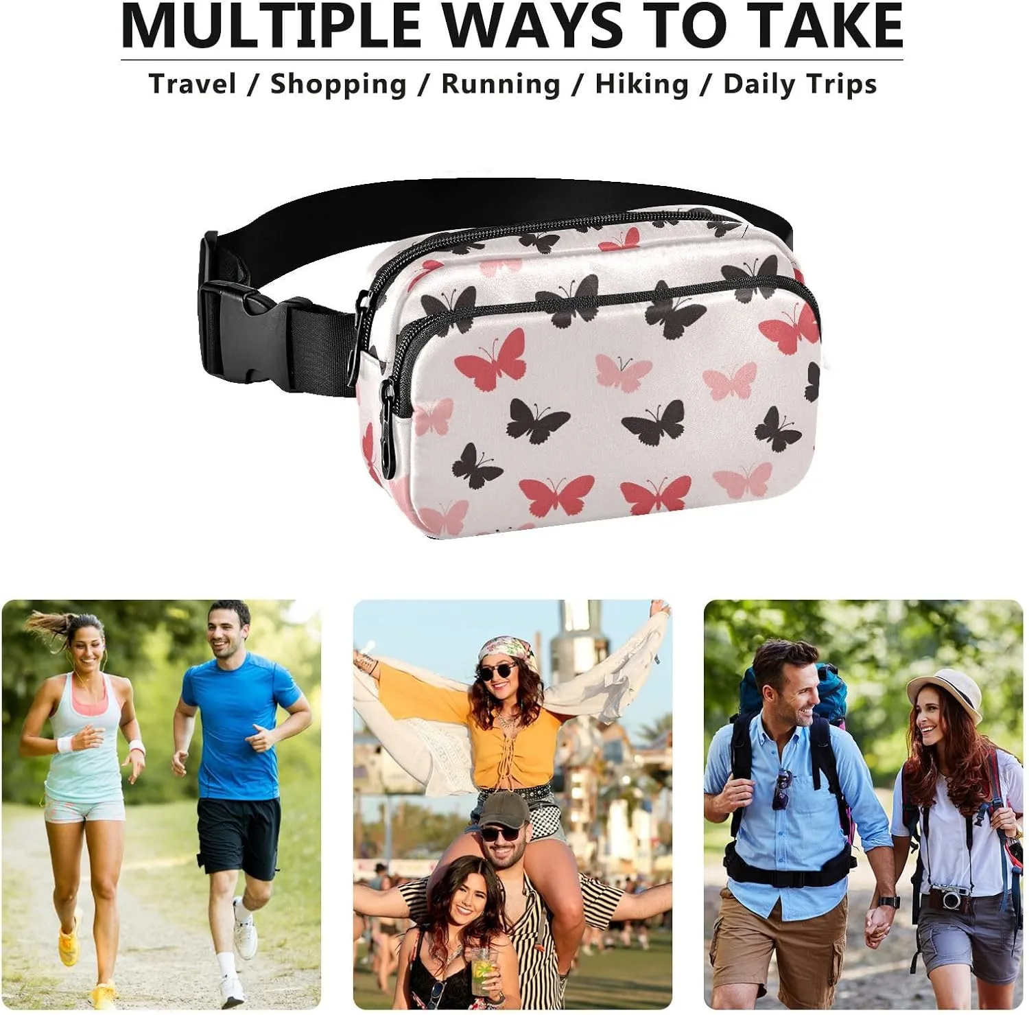 Fashion Waist Pack Crossbody Bags for Women Men with Adjustable Strap, Red Black Butterfly Crossbody Fanny Packs Mini Chest Belt Bag for Run Travel Outdoor Cycling Hiking
