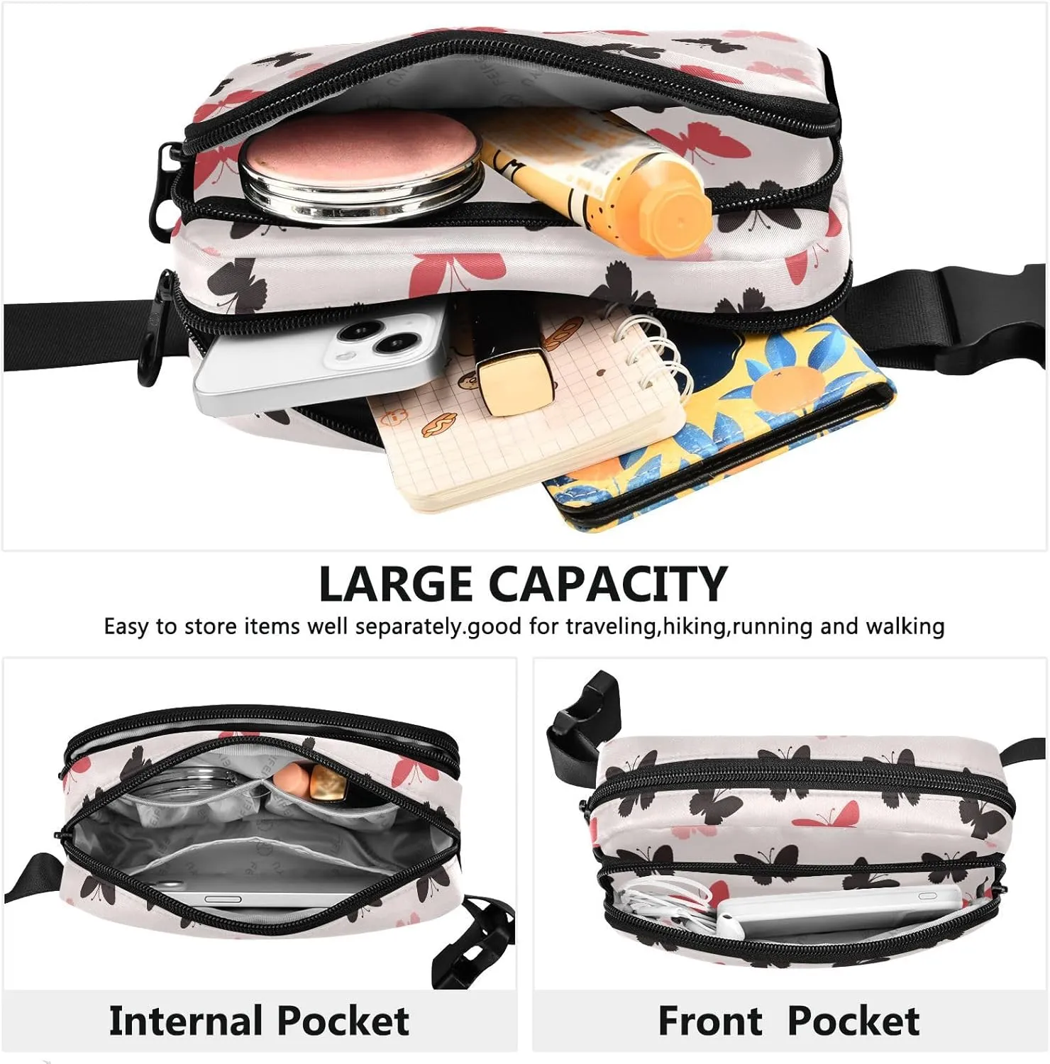 Fashion Waist Pack Crossbody Bags for Women Men with Adjustable Strap, Red Black Butterfly Crossbody Fanny Packs Mini Chest Belt Bag for Run Travel Outdoor Cycling Hiking