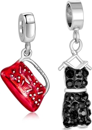 Fashionista Charm Set - Black Evening Dress Purse, Shopping Bag,Crystal Ladies High Heel Shoe Stiletto Dangle Charm Bead For Women Teens .925 Sterling Silver Fits European Bracelet