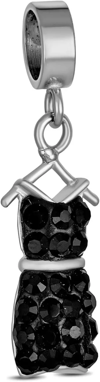 Fashionista Charm Set - Black Evening Dress Purse, Shopping Bag,Crystal Ladies High Heel Shoe Stiletto Dangle Charm Bead For Women Teens .925 Sterling Silver Fits European Bracelet