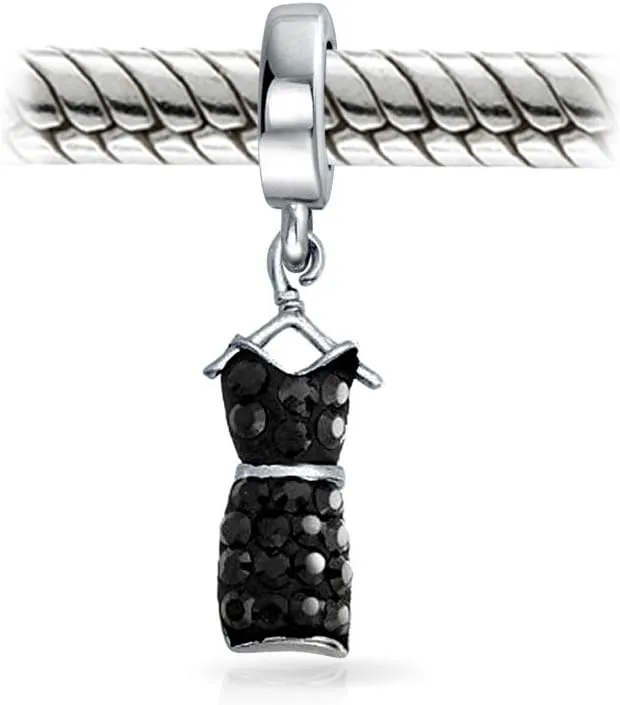 Fashionista Charm Set - Black Evening Dress Purse, Shopping Bag,Crystal Ladies High Heel Shoe Stiletto Dangle Charm Bead For Women Teens .925 Sterling Silver Fits European Bracelet