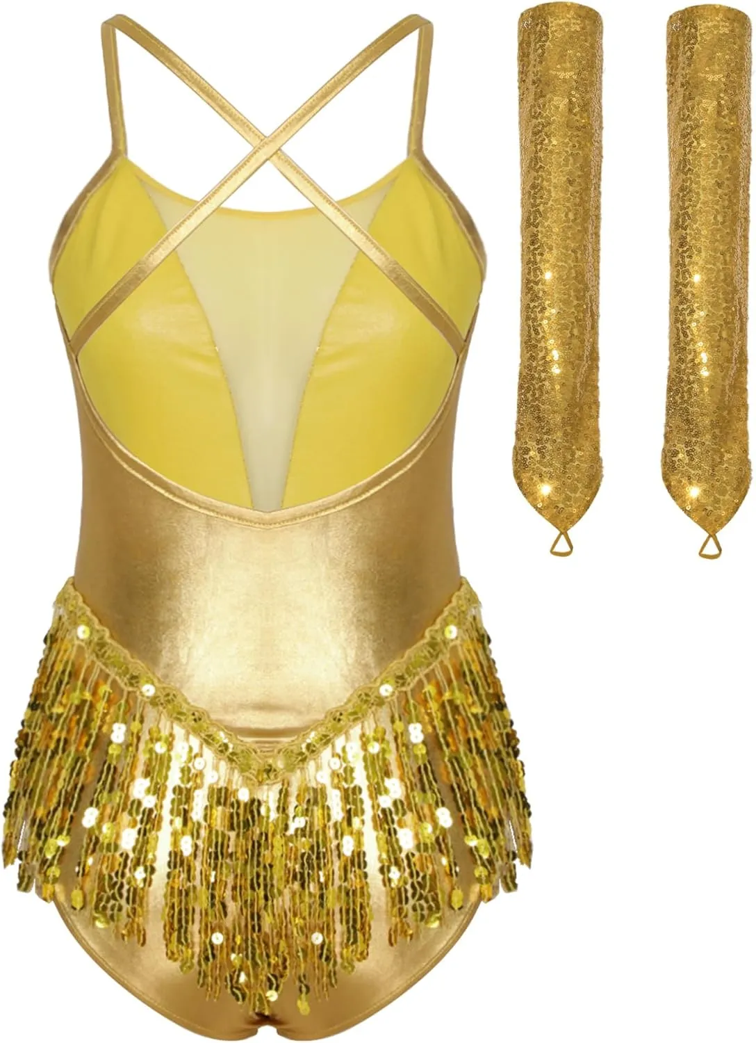 FEESHOW Women's Shiny Sequin Fringe Bodysuit with Gloves Cha Cha Samba Ballroom Dance Outfits