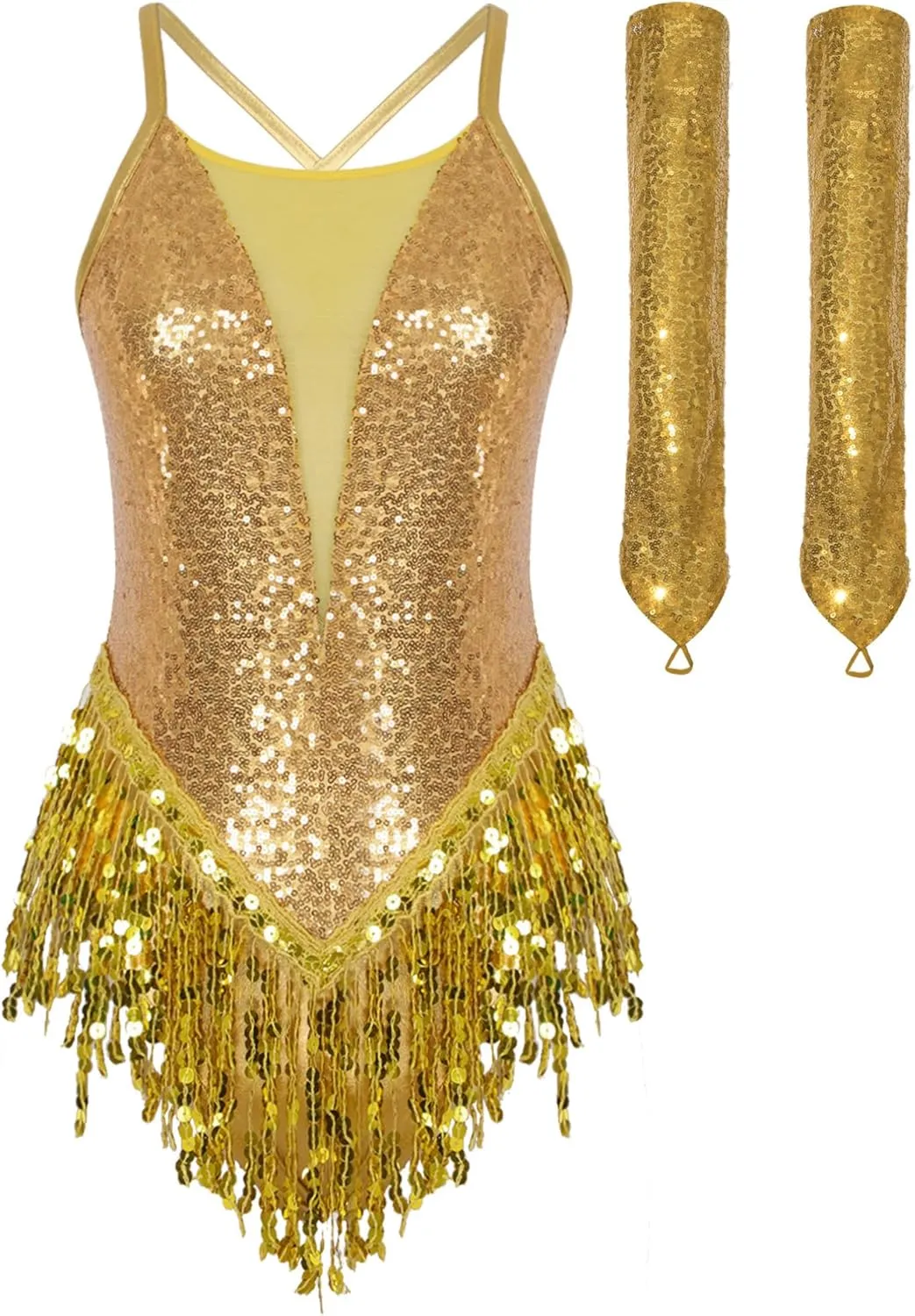 FEESHOW Women's Shiny Sequin Fringe Bodysuit with Gloves Cha Cha Samba Ballroom Dance Outfits
