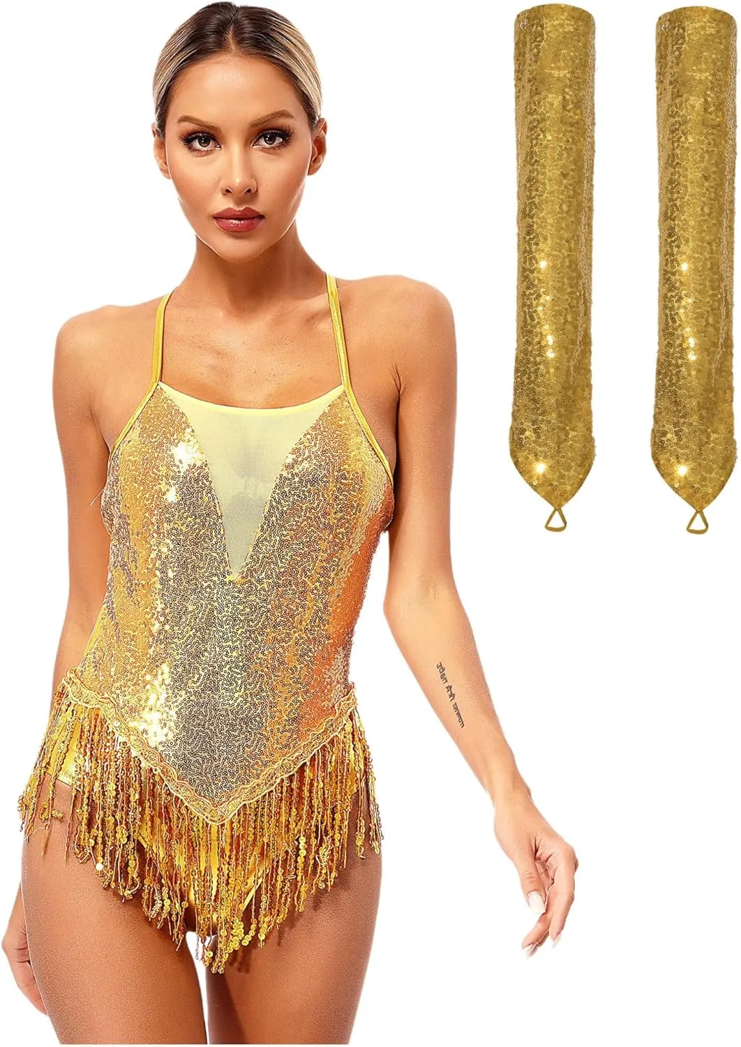 FEESHOW Women's Shiny Sequin Fringe Bodysuit with Gloves Cha Cha Samba Ballroom Dance Outfits