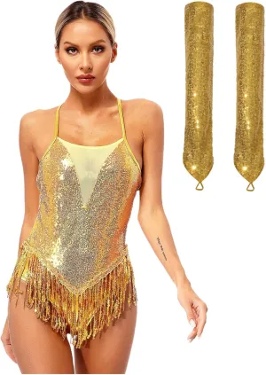FEESHOW Women's Shiny Sequin Fringe Bodysuit with Gloves Cha Cha Samba Ballroom Dance Outfits