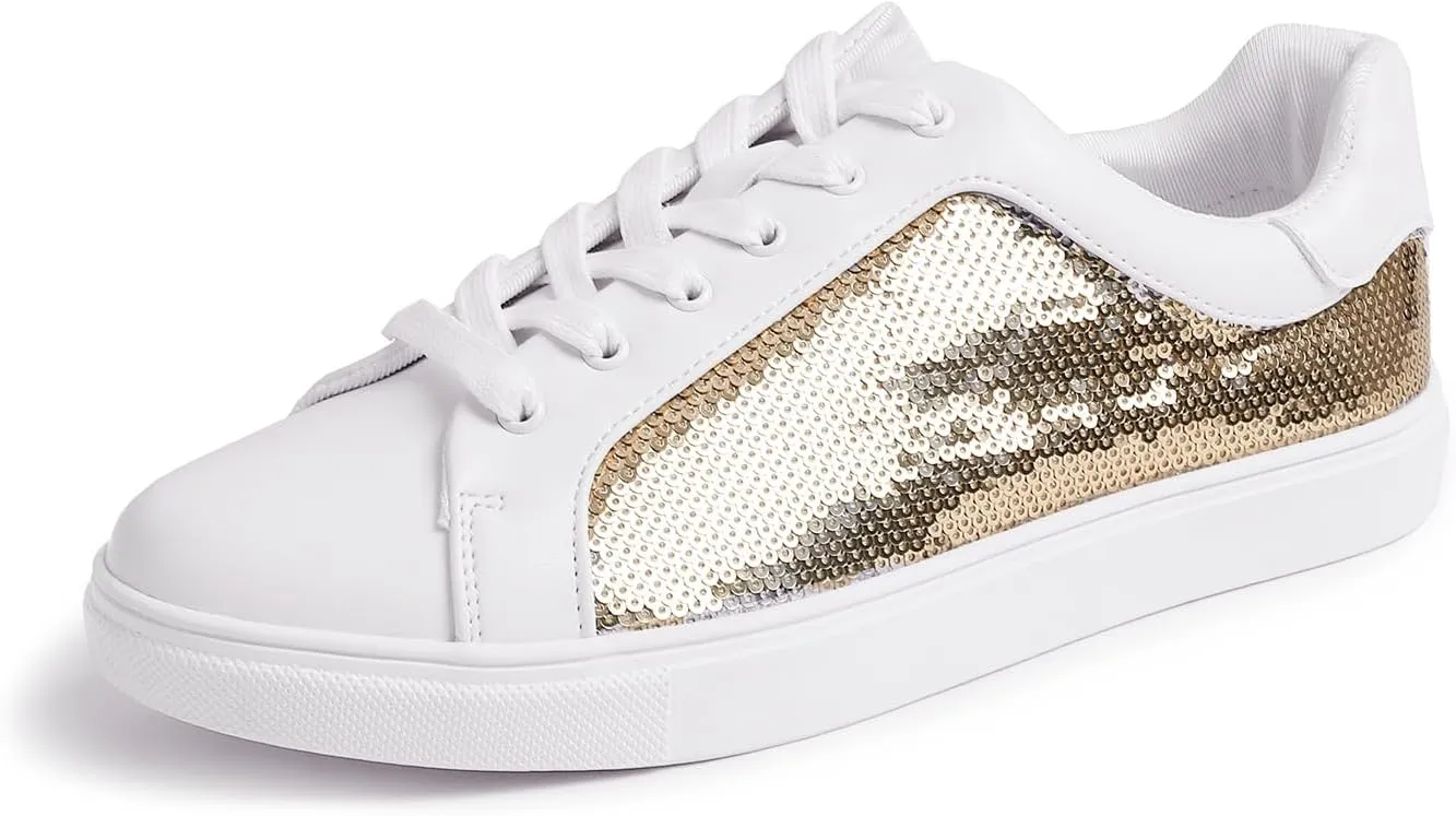 FEVERSOLE Women's Fashion Sparkle Sequin Embellished Sneaker Party Holiday Casual Shoes