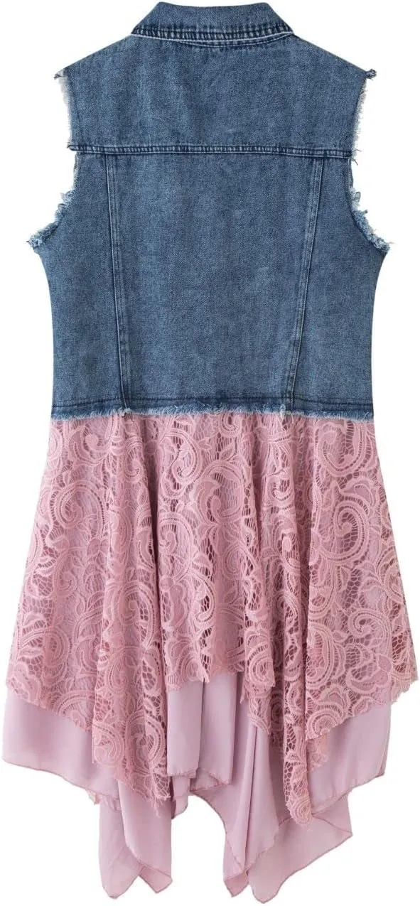 FindThy Women’s Denim Vest Sleeveless Ripped Draped Patchwork Cardigan Jean Vest with Irregular Lace Extender Hem
