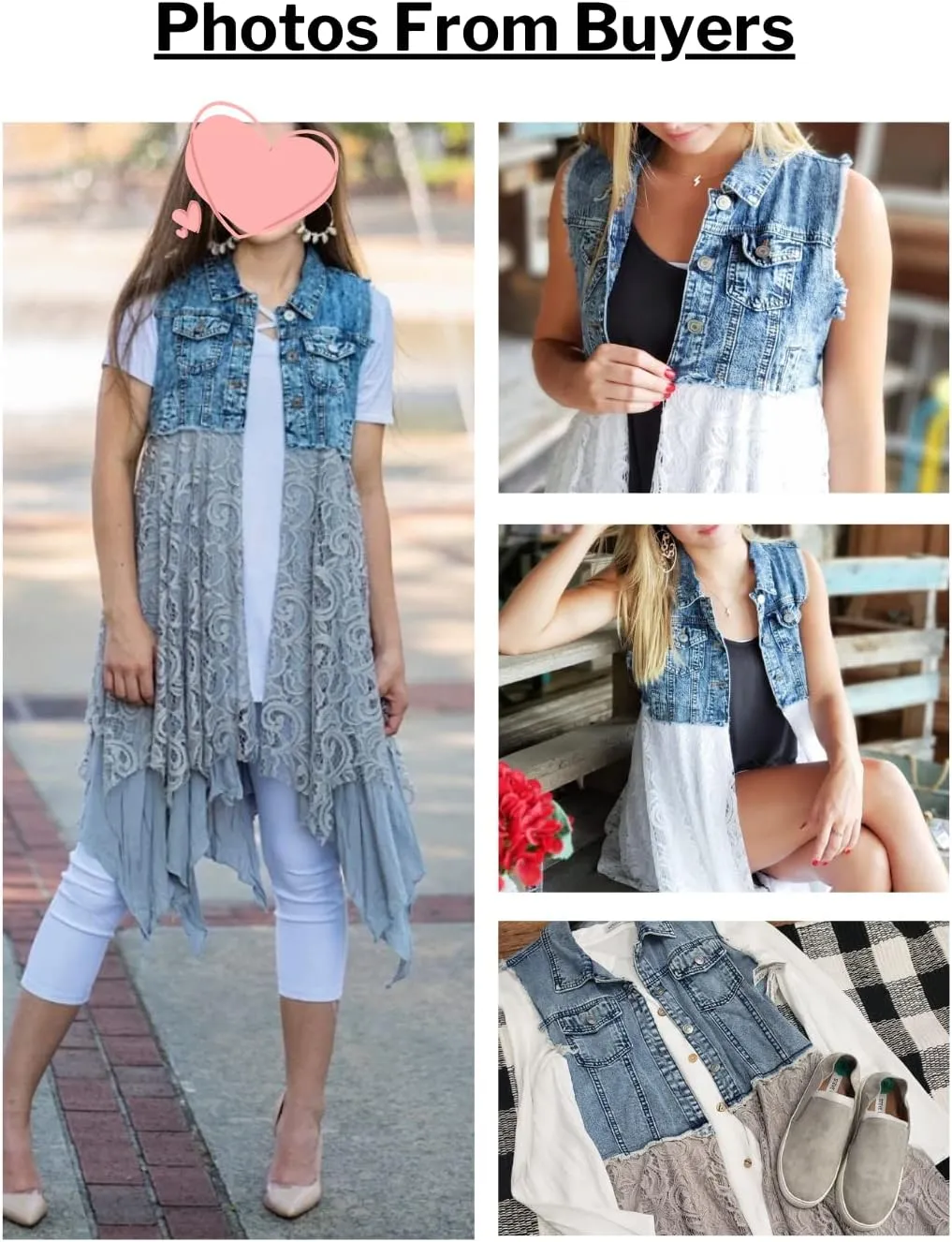 FindThy Women’s Denim Vest Sleeveless Ripped Draped Patchwork Cardigan Jean Vest with Irregular Lace Extender Hem