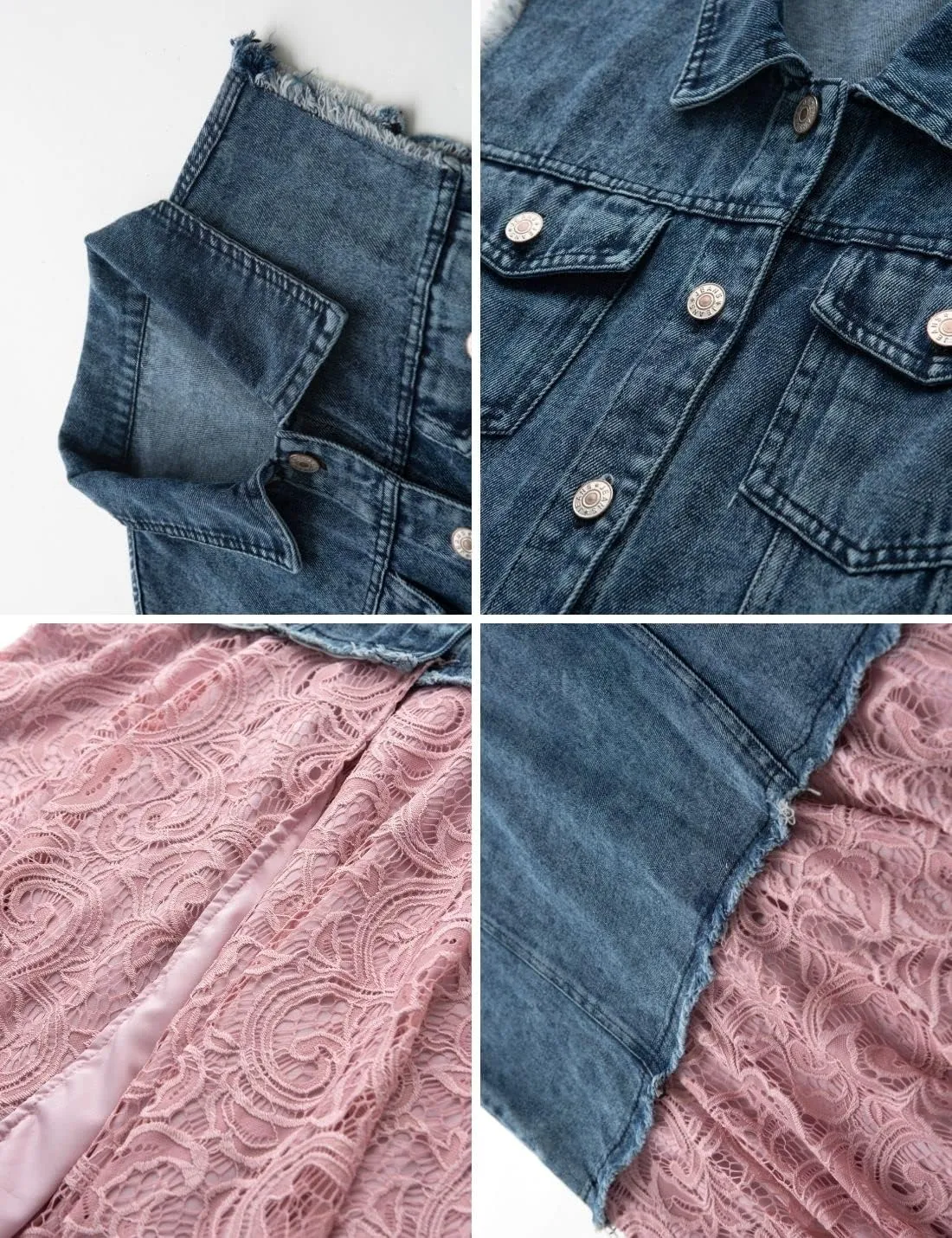 FindThy Women’s Denim Vest Sleeveless Ripped Draped Patchwork Cardigan Jean Vest with Irregular Lace Extender Hem