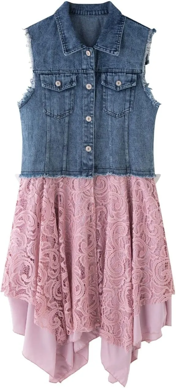 FindThy Women’s Denim Vest Sleeveless Ripped Draped Patchwork Cardigan Jean Vest with Irregular Lace Extender Hem
