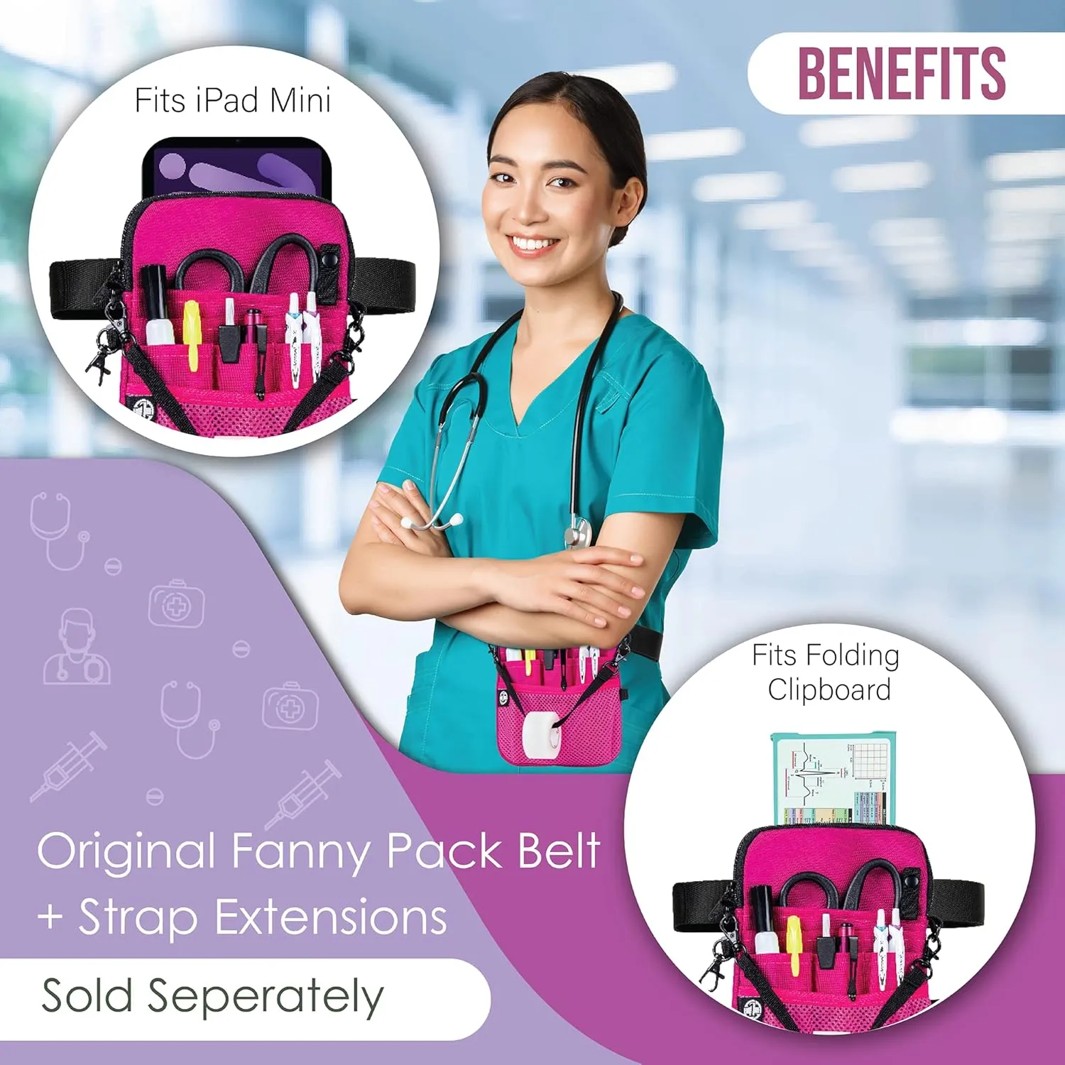 First Lifesaver 4-in-1 Nurse Fanny Pack with Medical Gear Pockets, Tape Holder, and Utility Storage for Stethoscopes, Bandage Scissors, and Emergency Supplies, Student and Nurse Use (Pink)