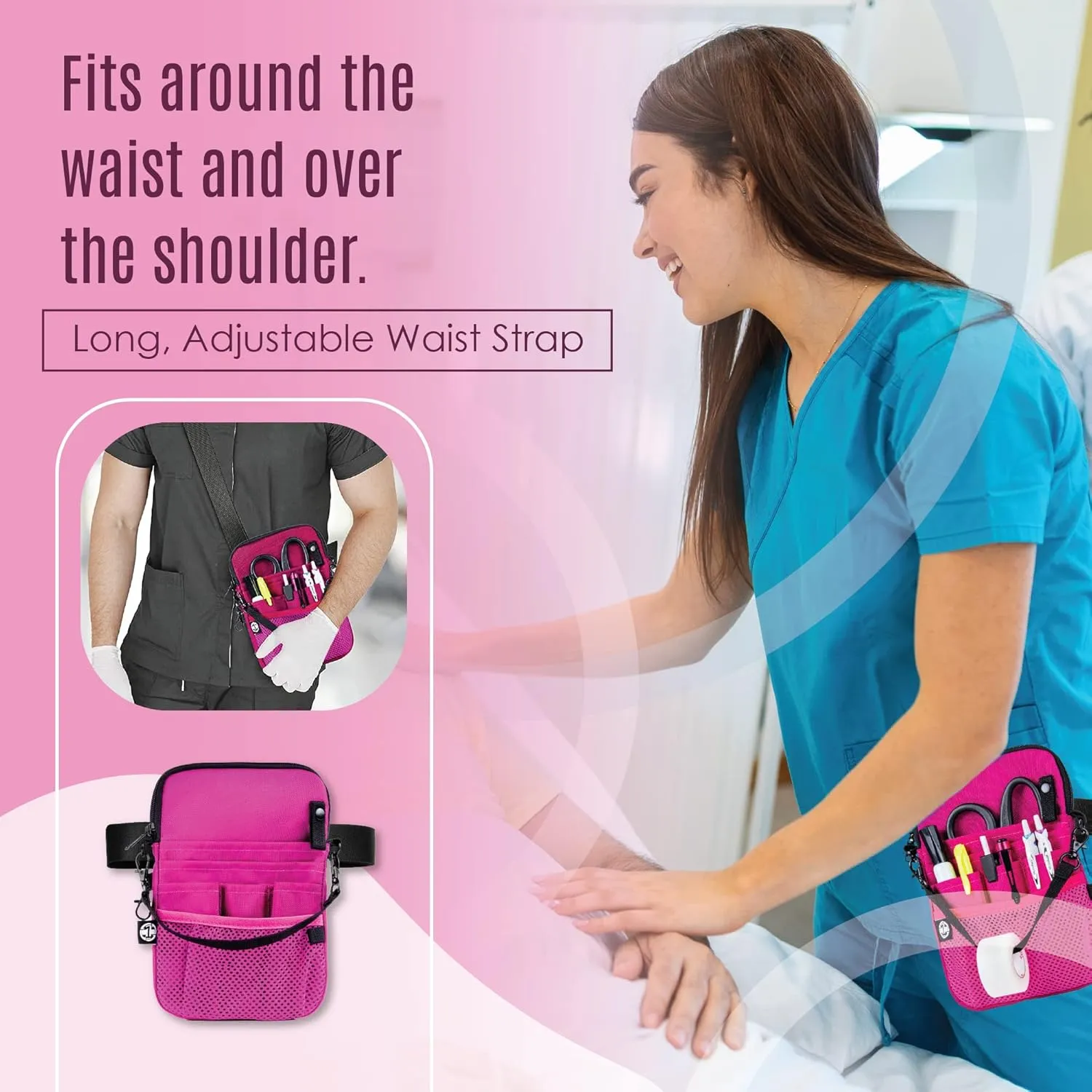 First Lifesaver 4-in-1 Nurse Fanny Pack with Medical Gear Pockets, Tape Holder, and Utility Storage for Stethoscopes, Bandage Scissors, and Emergency Supplies, Student and Nurse Use (Pink)