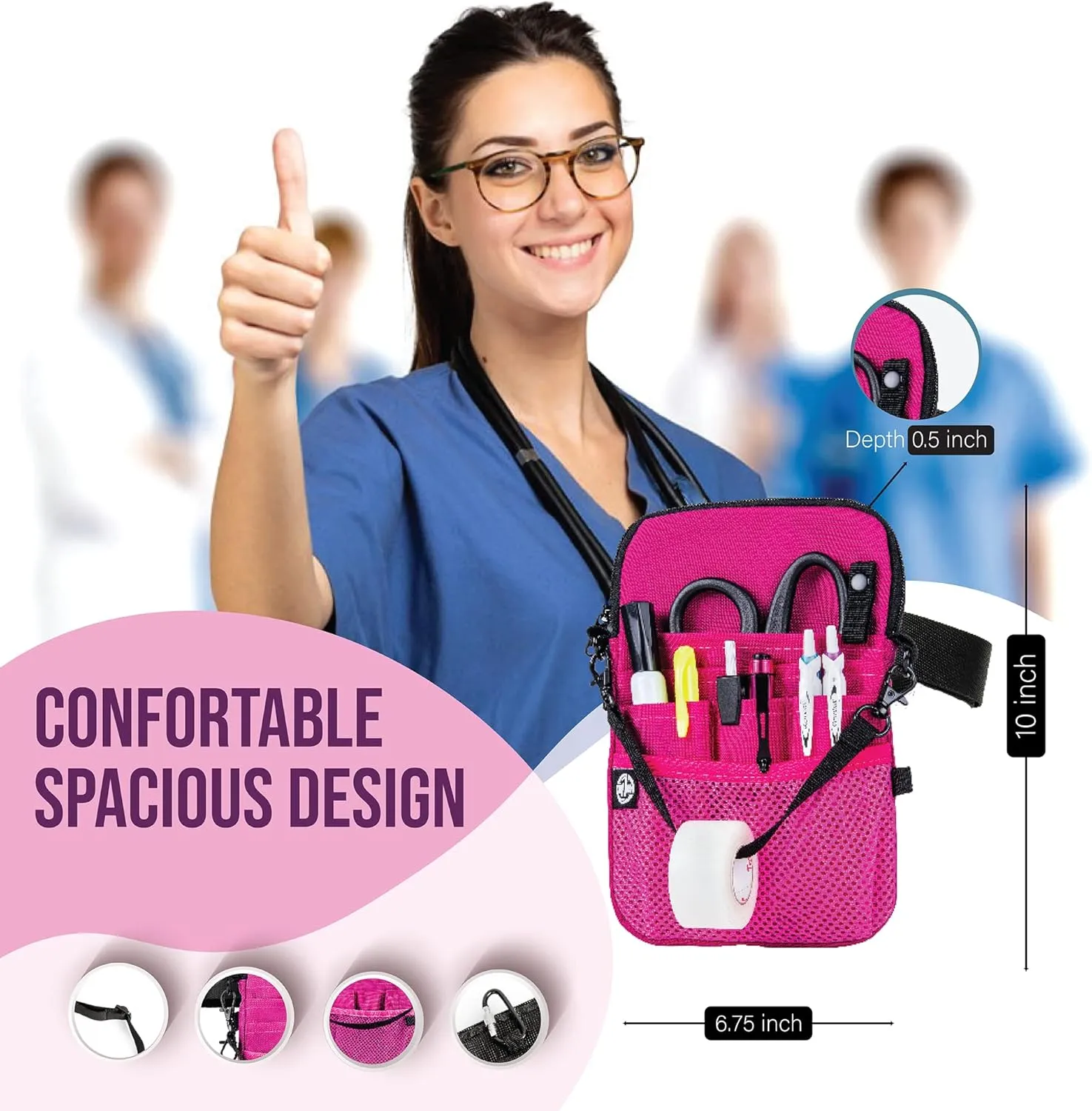 First Lifesaver 4-in-1 Nurse Fanny Pack with Medical Gear Pockets, Tape Holder, and Utility Storage for Stethoscopes, Bandage Scissors, and Emergency Supplies, Student and Nurse Use (Pink)