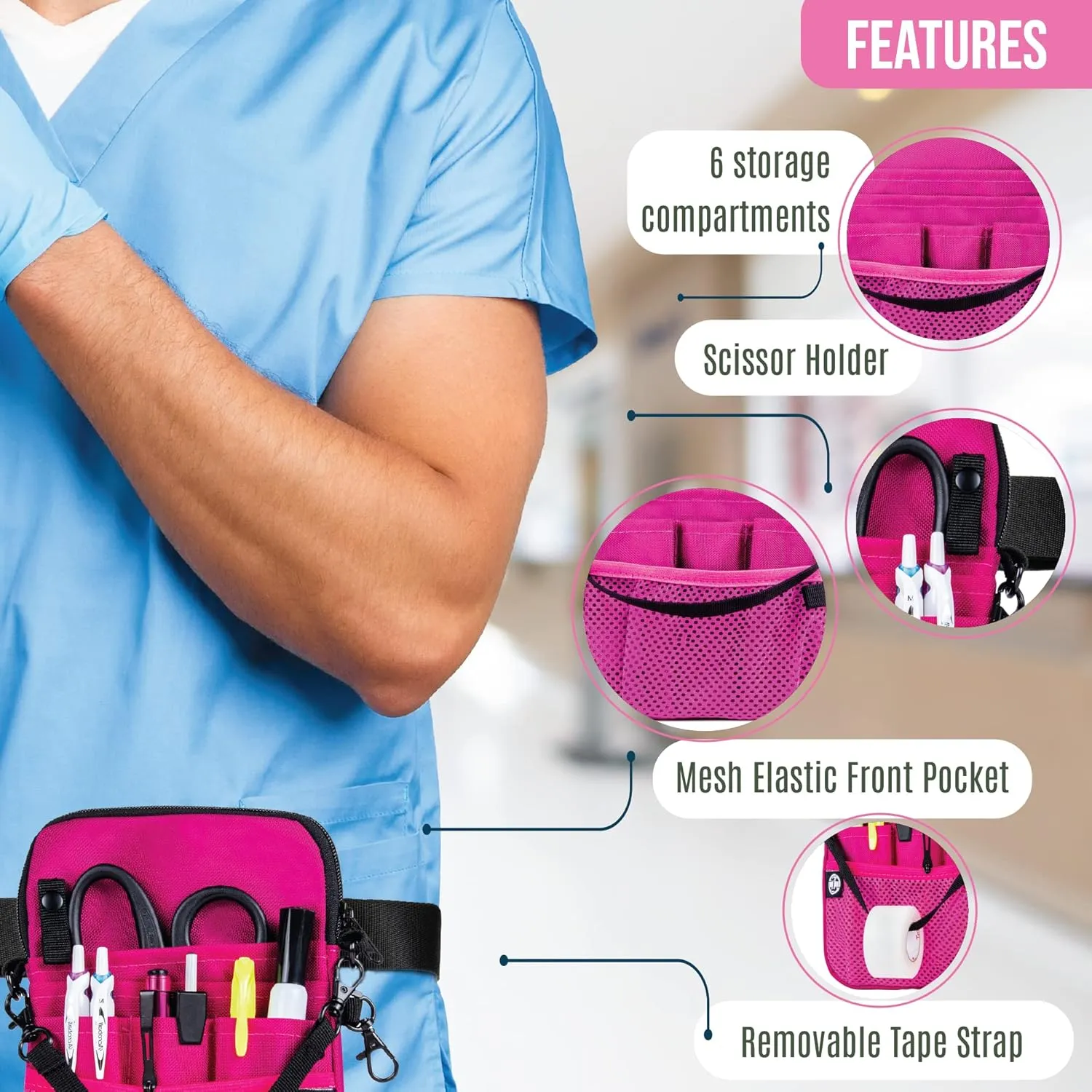 First Lifesaver 4-in-1 Nurse Fanny Pack with Medical Gear Pockets, Tape Holder, and Utility Storage for Stethoscopes, Bandage Scissors, and Emergency Supplies, Student and Nurse Use (Pink)