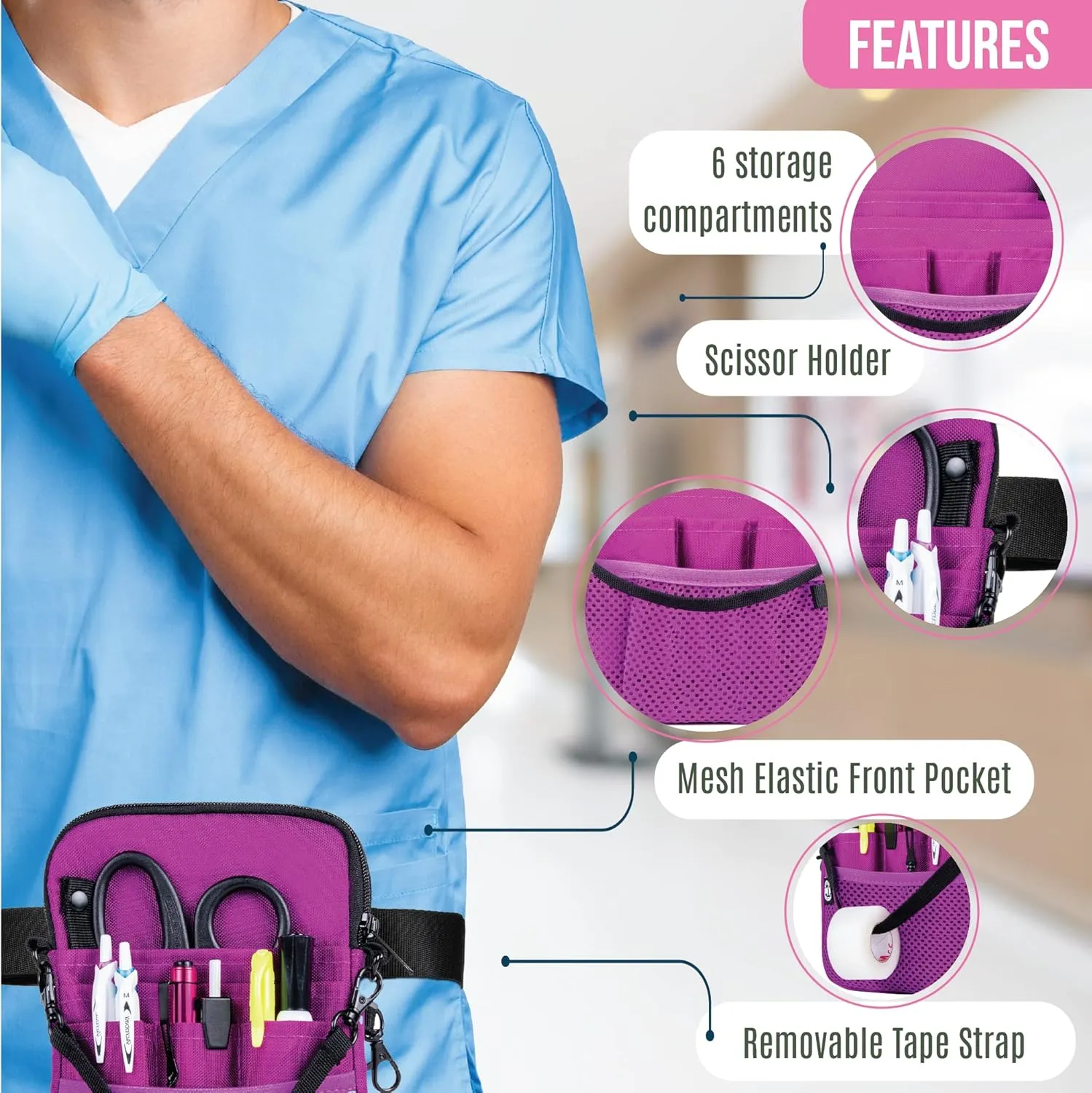 First Lifesaver 4-in-1 Nurse Fanny Pack with Medical Gear Pockets, Tape Holder, and Utility Storage for Stethoscopes, Bandage Scissors, and Emergency Supplies, Student and Nurse Use (Purple)