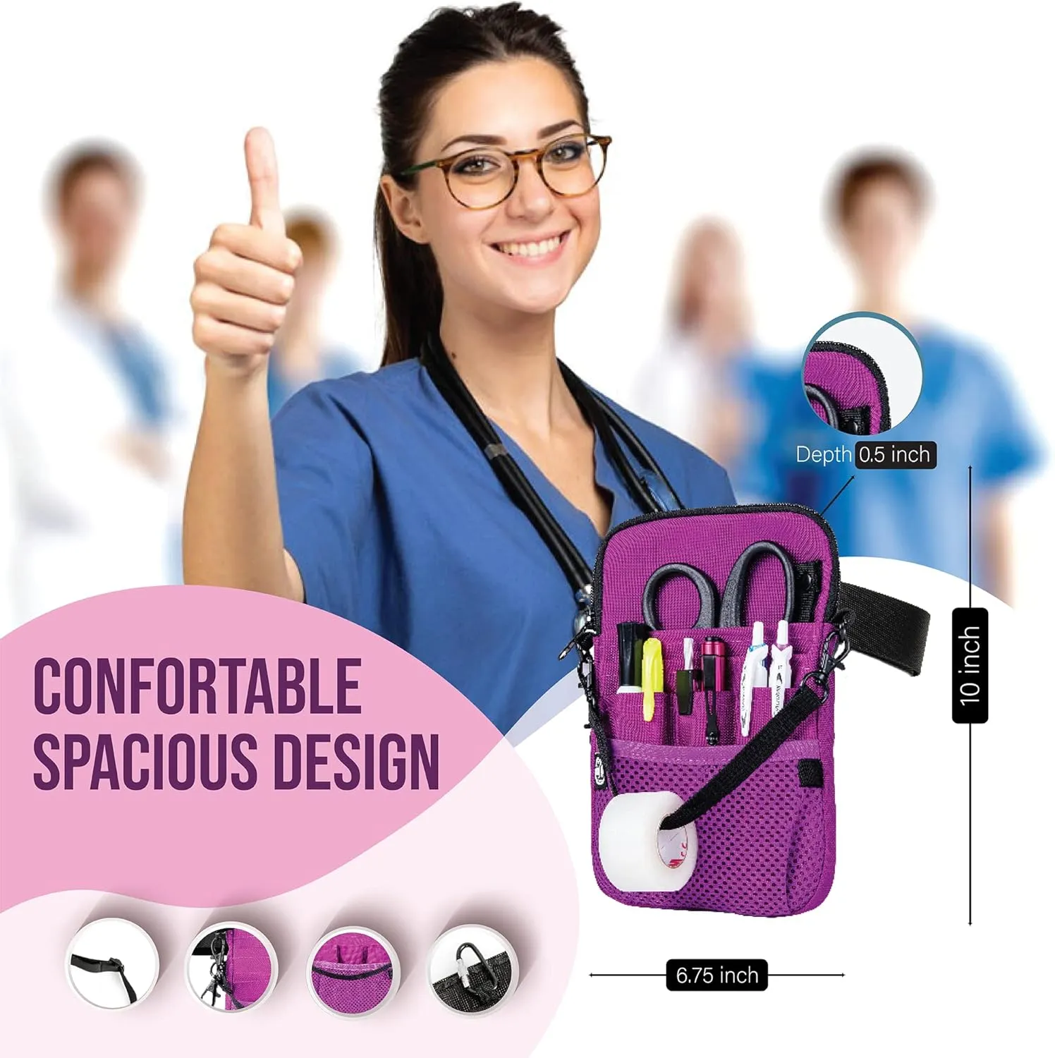 First Lifesaver 4-in-1 Nurse Fanny Pack with Medical Gear Pockets, Tape Holder, and Utility Storage for Stethoscopes, Bandage Scissors, and Emergency Supplies, Student and Nurse Use (Purple)