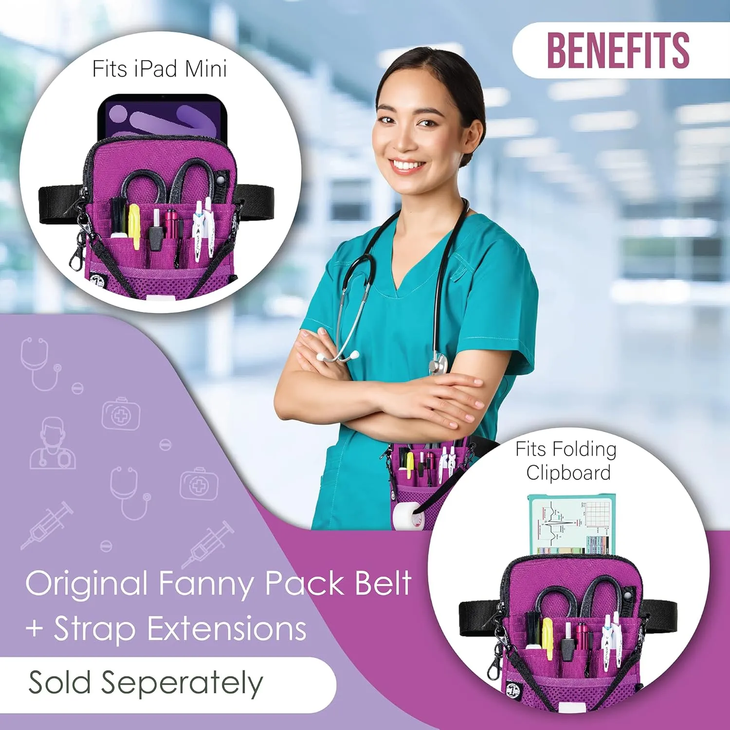 First Lifesaver 4-in-1 Nurse Fanny Pack with Medical Gear Pockets, Tape Holder, and Utility Storage for Stethoscopes, Bandage Scissors, and Emergency Supplies, Student and Nurse Use (Purple)