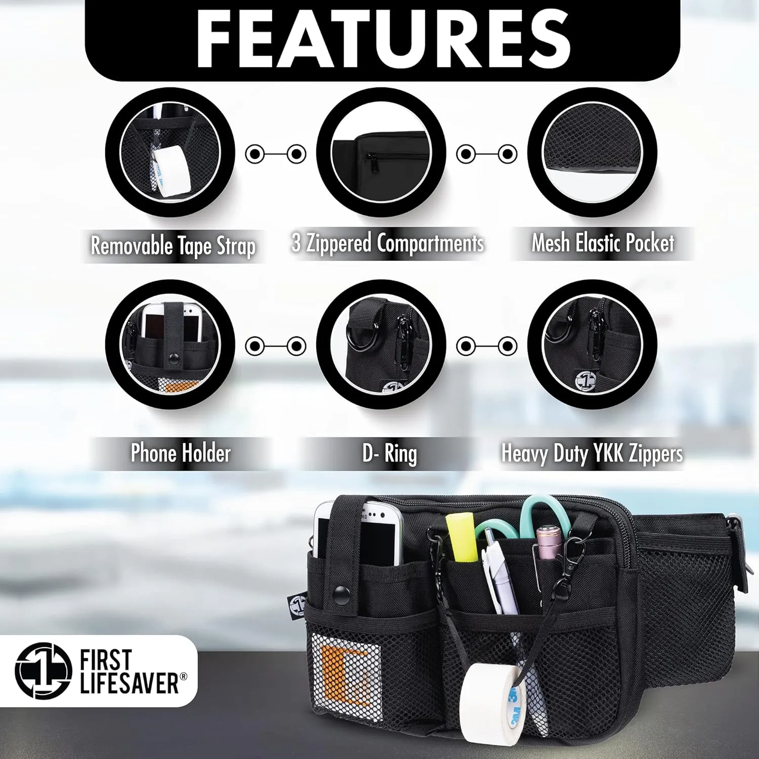 First Lifesaver Nurse Fanny Pack with Multi-Compartment and Tape Holder For Nurses and Nursing Students (Black)