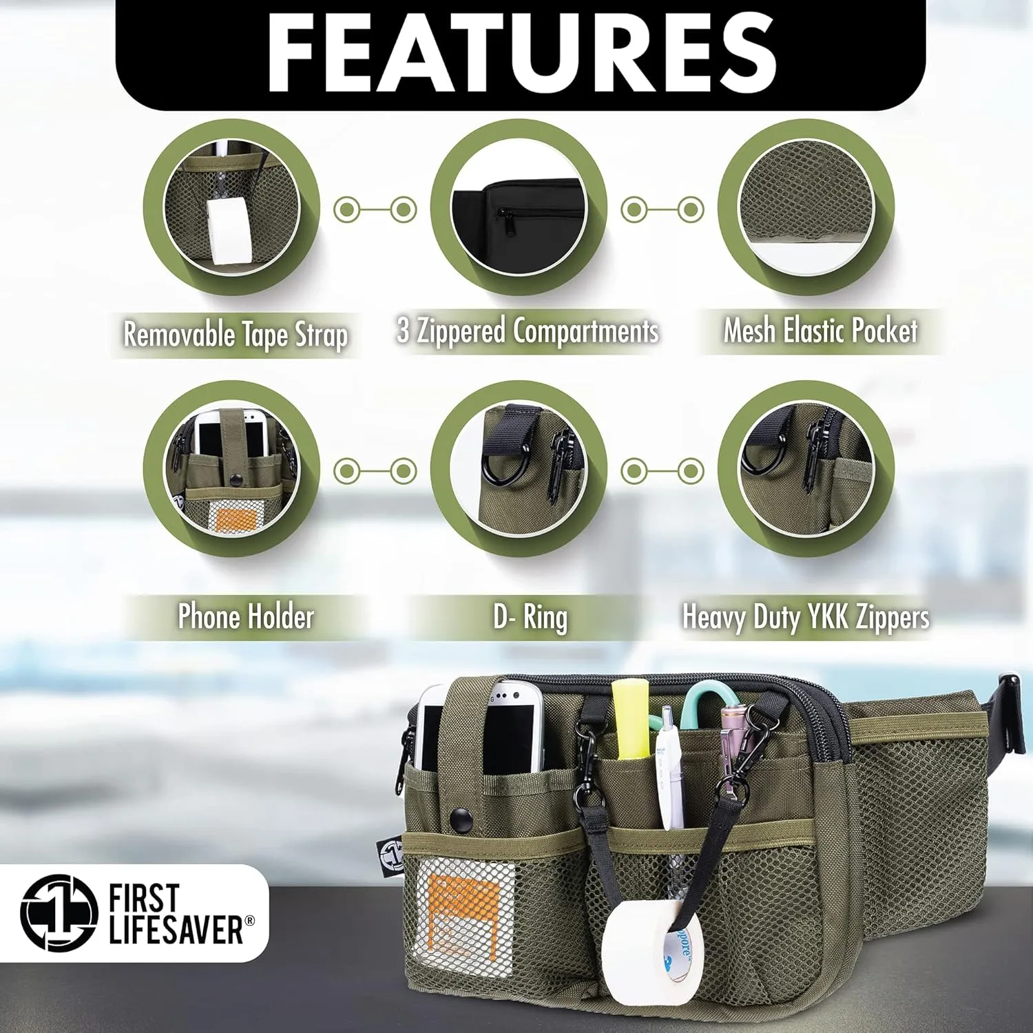 First Lifesaver Nurse Fanny Pack with Multi-Compartment and Tape Holder For Nurses and Nursing Students (Moss)