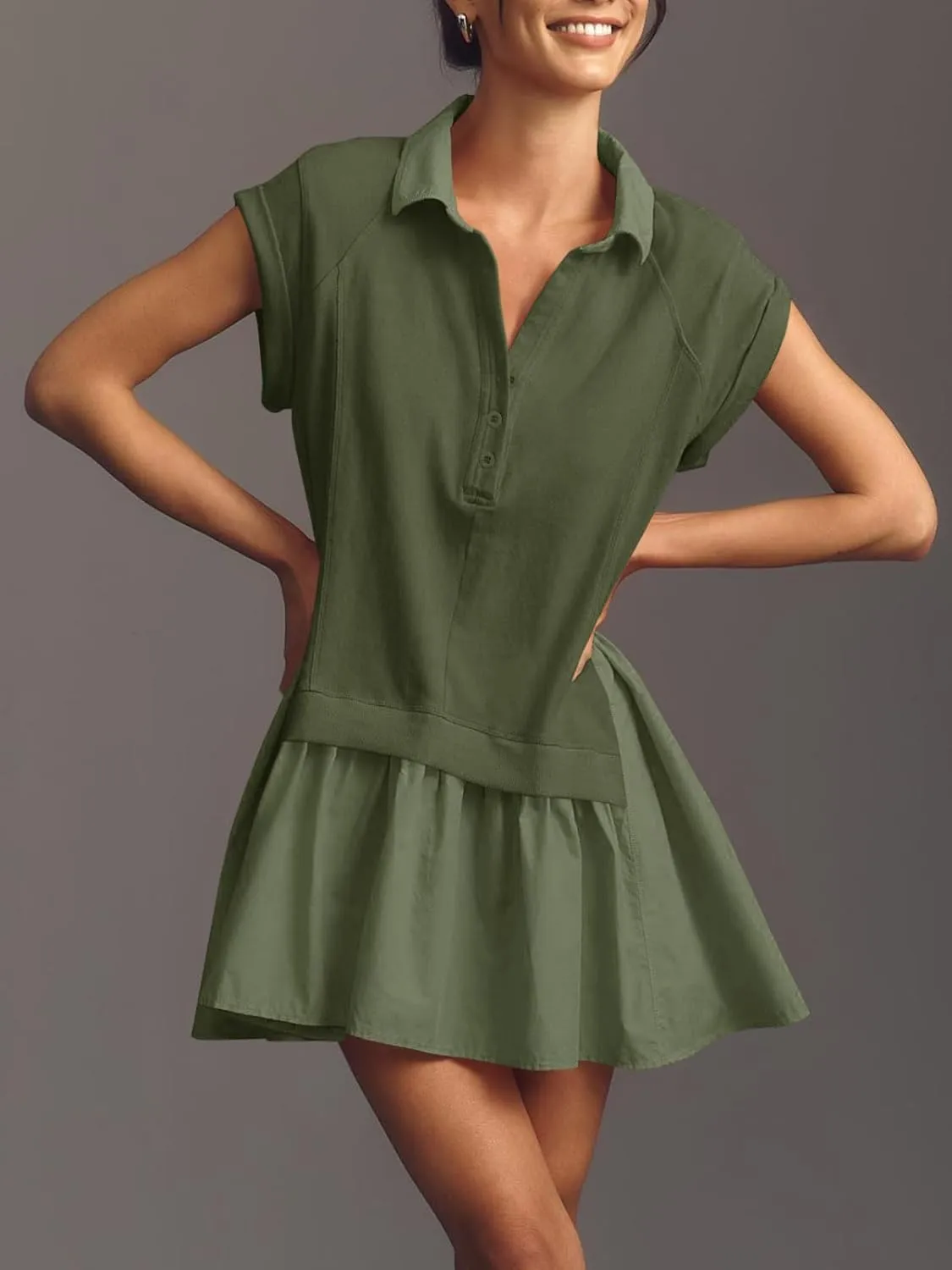 Fisoew Womens Summer Sweatshirt Dresses Short Sleeve V Neck Casual Oversized Patchwork Mini Dress