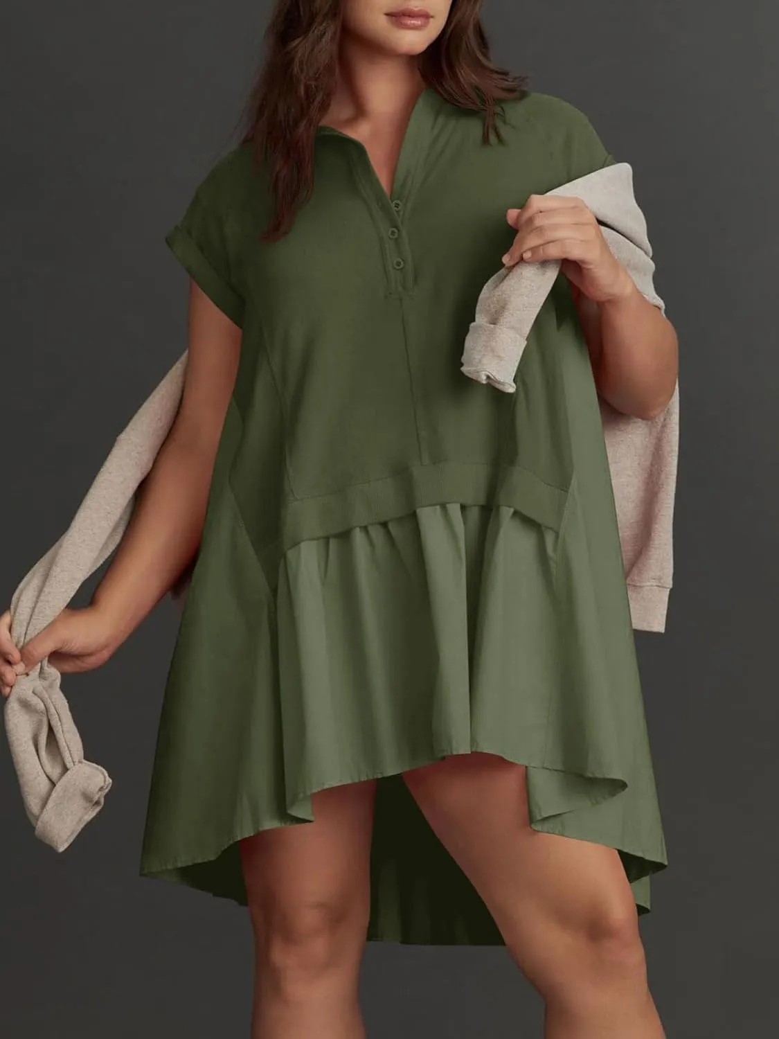 Fisoew Womens Summer Sweatshirt Dresses Short Sleeve V Neck Casual Oversized Patchwork Mini Dress