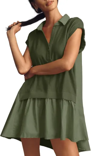 Fisoew Womens Summer Sweatshirt Dresses Short Sleeve V Neck Casual Oversized Patchwork Mini Dress