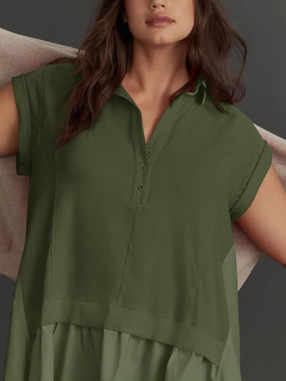 Fisoew Womens Summer Sweatshirt Dresses Short Sleeve V Neck Casual Oversized Patchwork Mini Dress