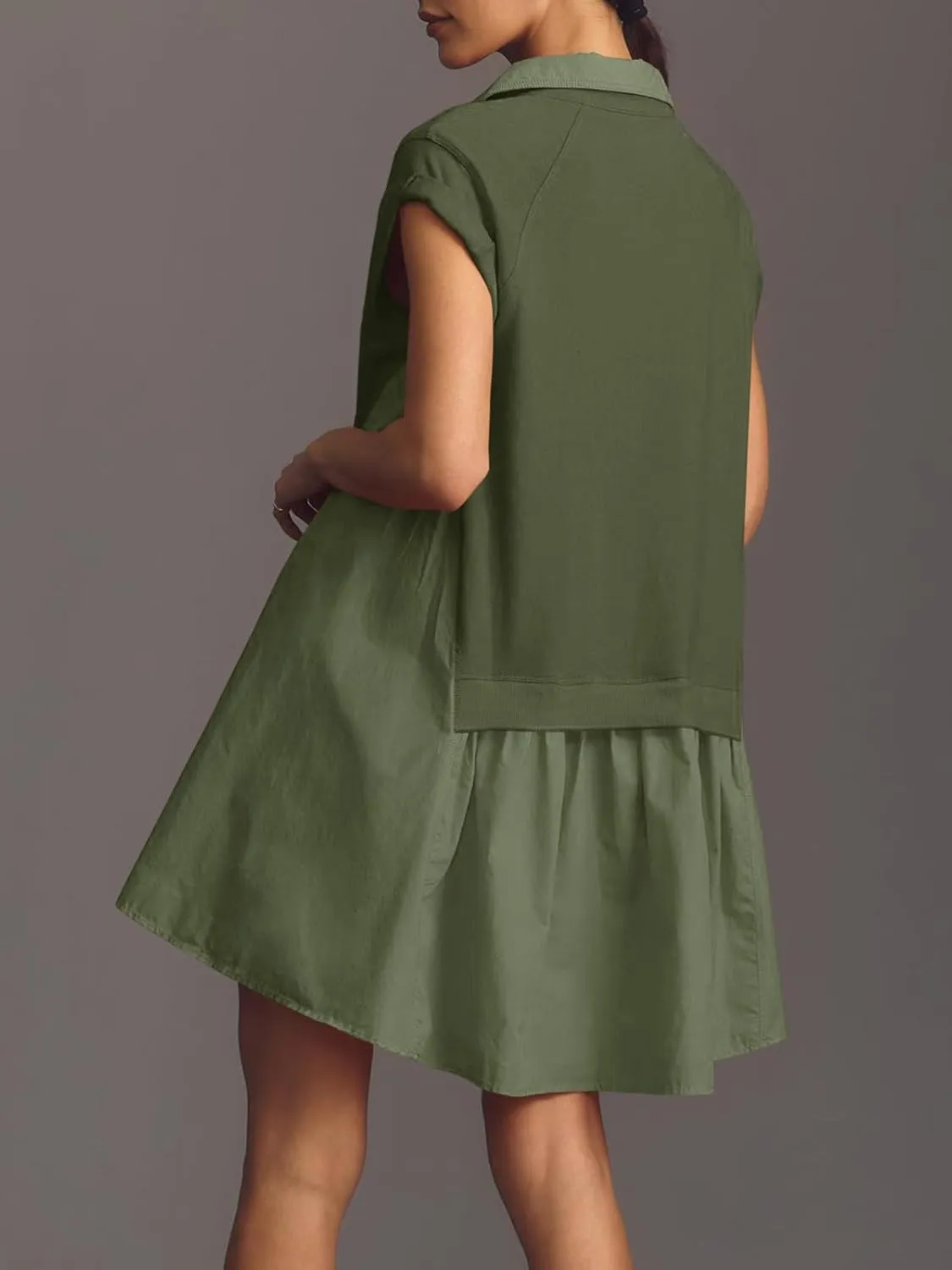 Fisoew Womens Summer Sweatshirt Dresses Short Sleeve V Neck Casual Oversized Patchwork Mini Dress