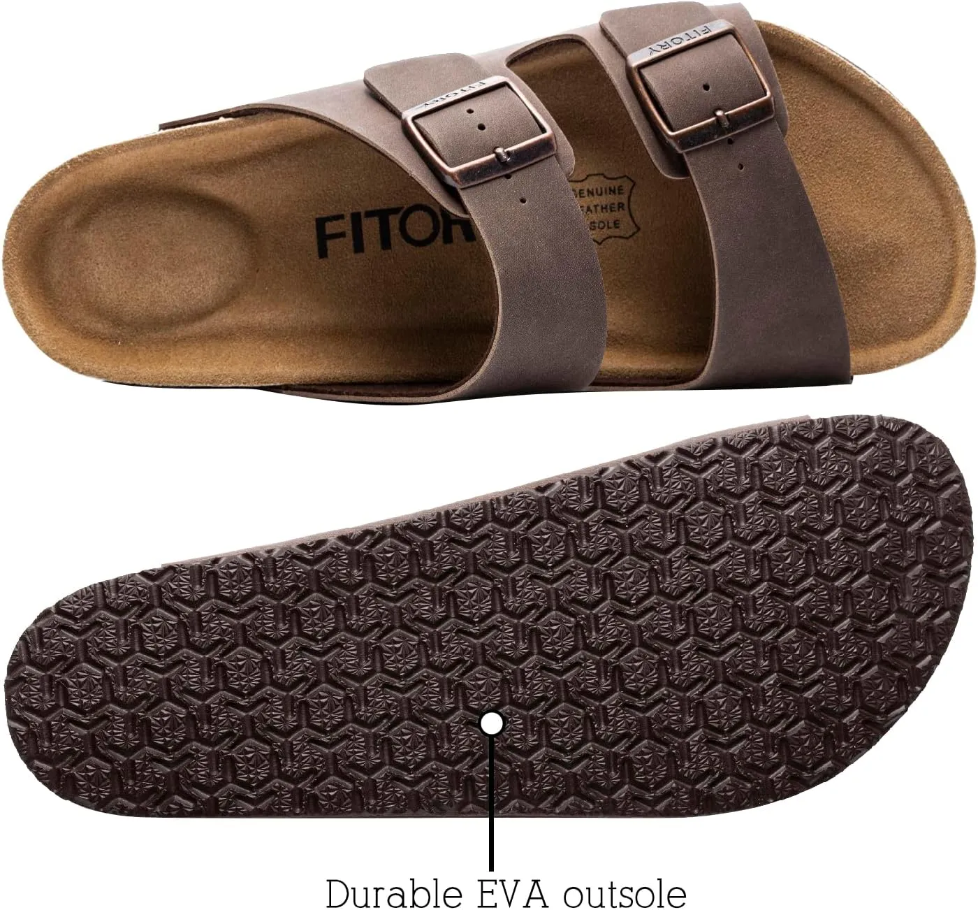 FITORY Mens Leather Insole Sandals with Two Buckles,Open Toe Slides for Indoor and Outdoor Size 7-14.5