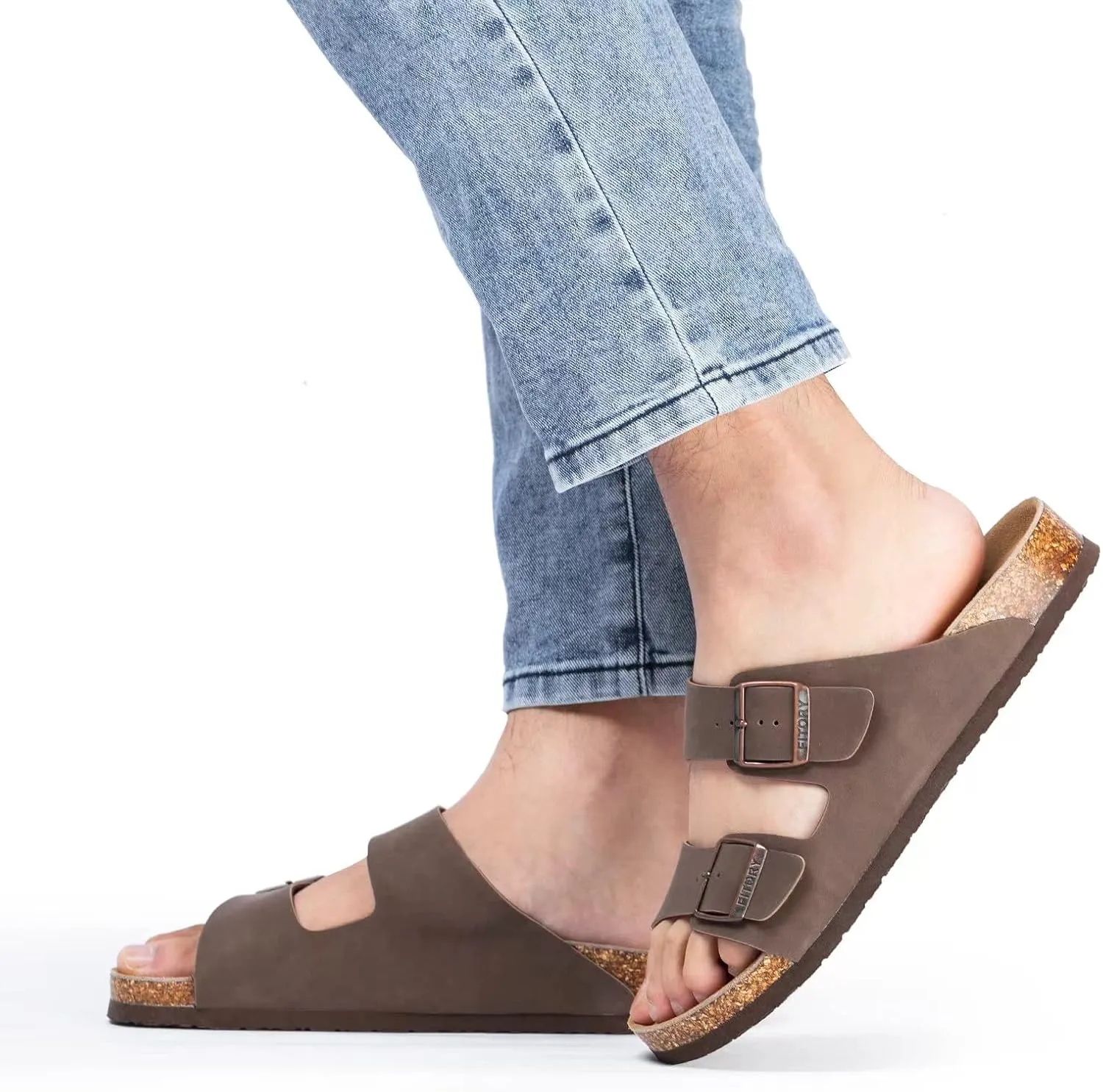 FITORY Mens Leather Insole Sandals with Two Buckles,Open Toe Slides for Indoor and Outdoor Size 7-14.5