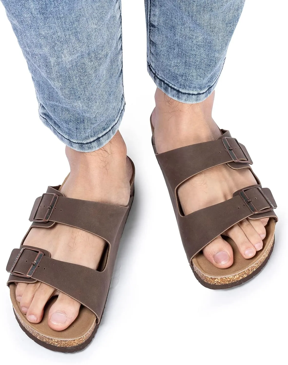 FITORY Mens Leather Insole Sandals with Two Buckles,Open Toe Slides for Indoor and Outdoor Size 7-14.5