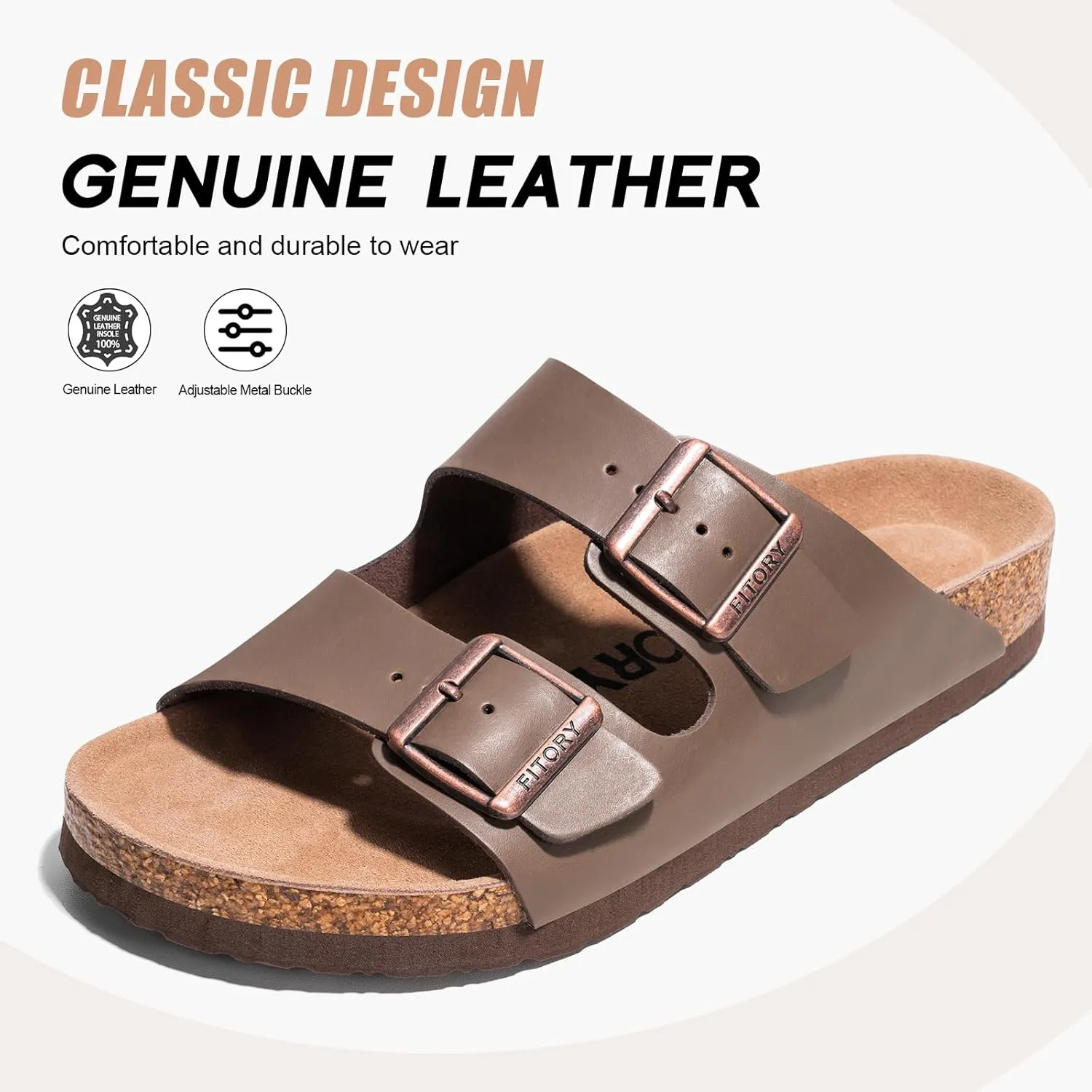 FITORY Mens Leather Sandals with Arch Support, Open Toe Slides Adjustable Buckles for Summer Size 7-13
