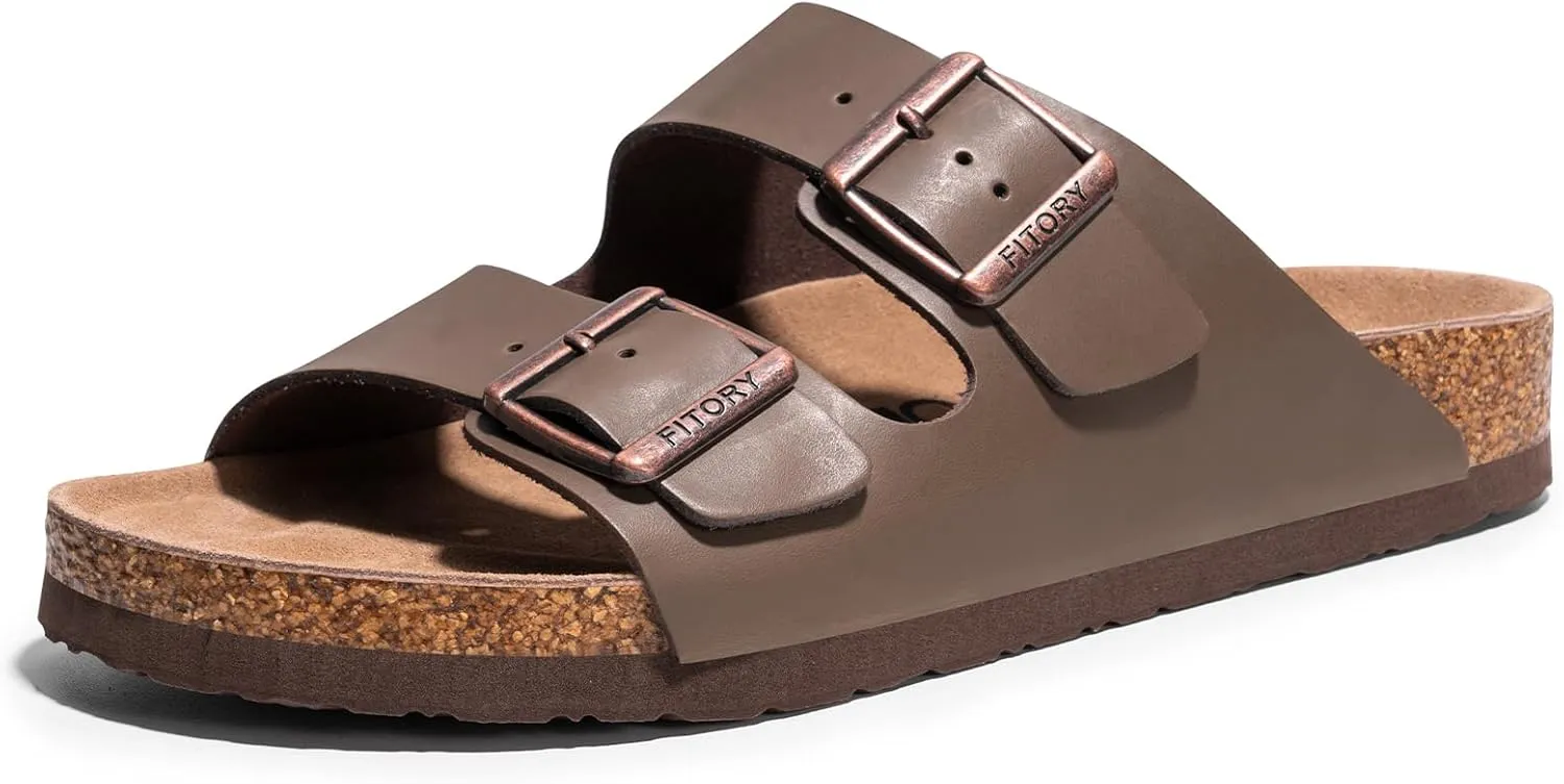 FITORY Mens Leather Sandals with Arch Support, Open Toe Slides Adjustable Buckles for Summer Size 7-13