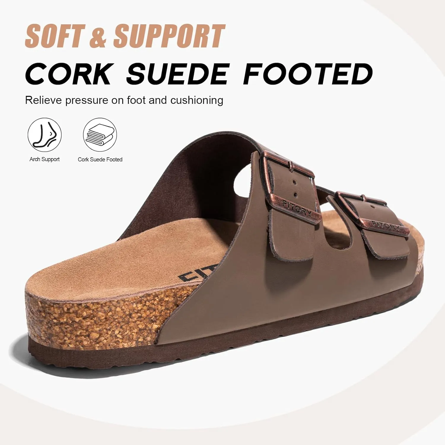 FITORY Mens Leather Sandals with Arch Support, Open Toe Slides Adjustable Buckles for Summer Size 7-13