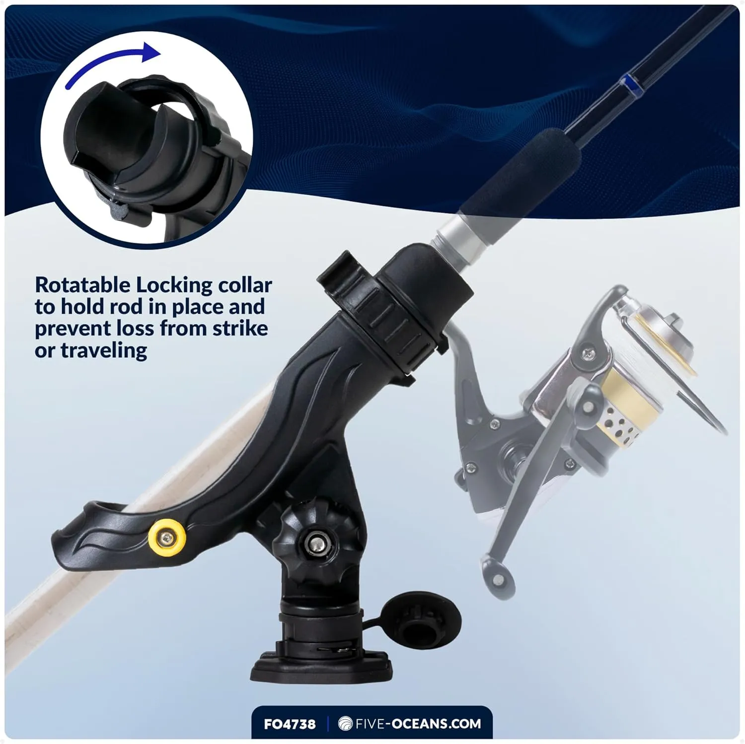 Five Oceans Fishing Rod Holder, with Deck Mount Base, Black, High-Impact Nylon, Multiple Sizes