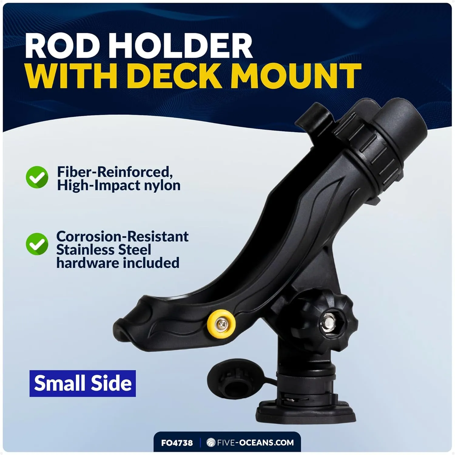 Five Oceans Fishing Rod Holder, with Deck Mount Base, Black, High-Impact Nylon, Multiple Sizes