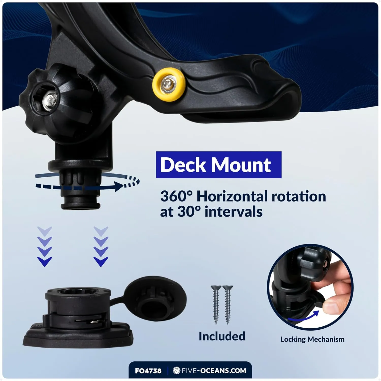 Five Oceans Fishing Rod Holder, with Deck Mount Base, Black, High-Impact Nylon, Multiple Sizes