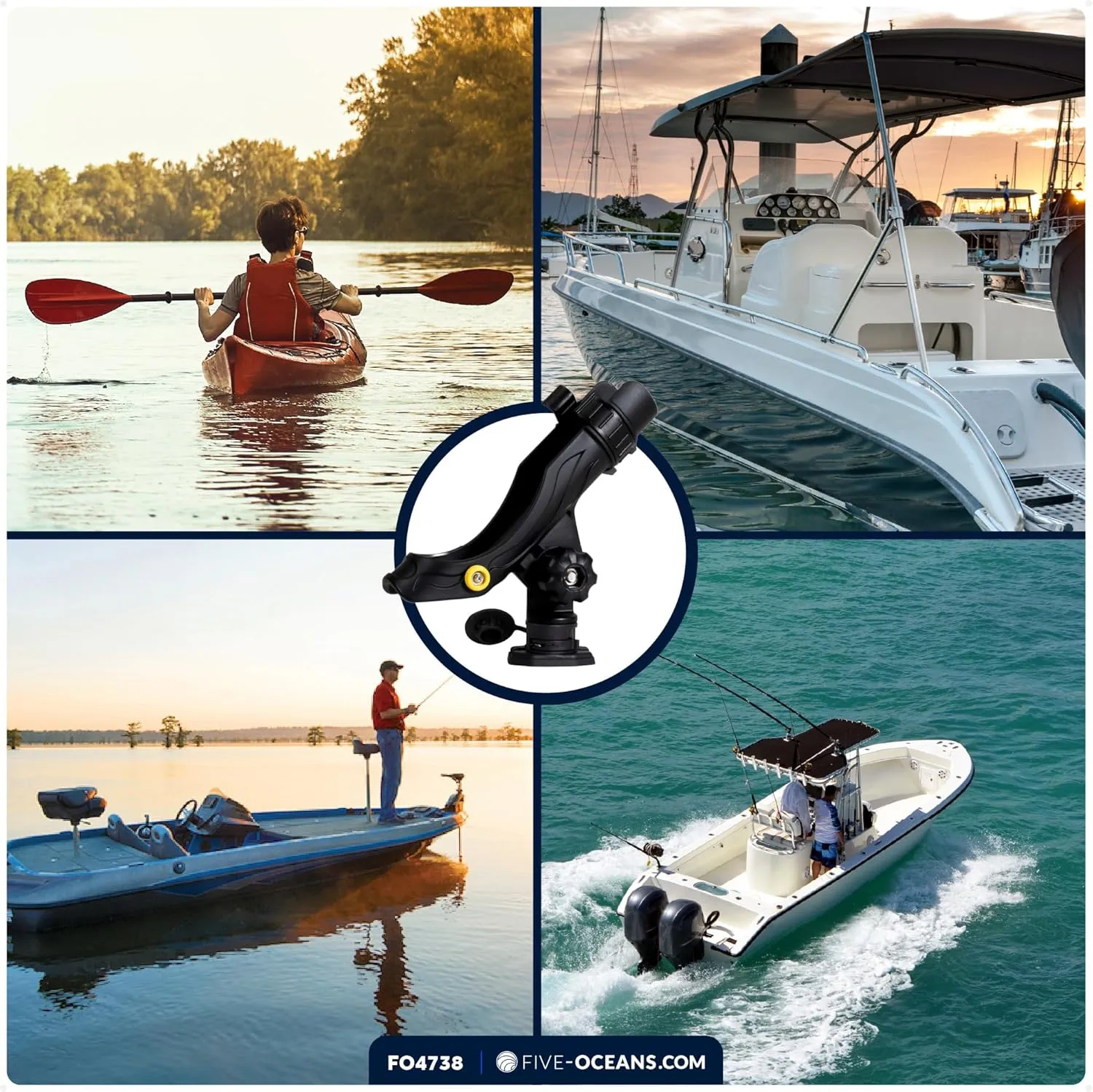 Five Oceans Fishing Rod Holder, with Deck Mount Base, Black, High-Impact Nylon, Multiple Sizes