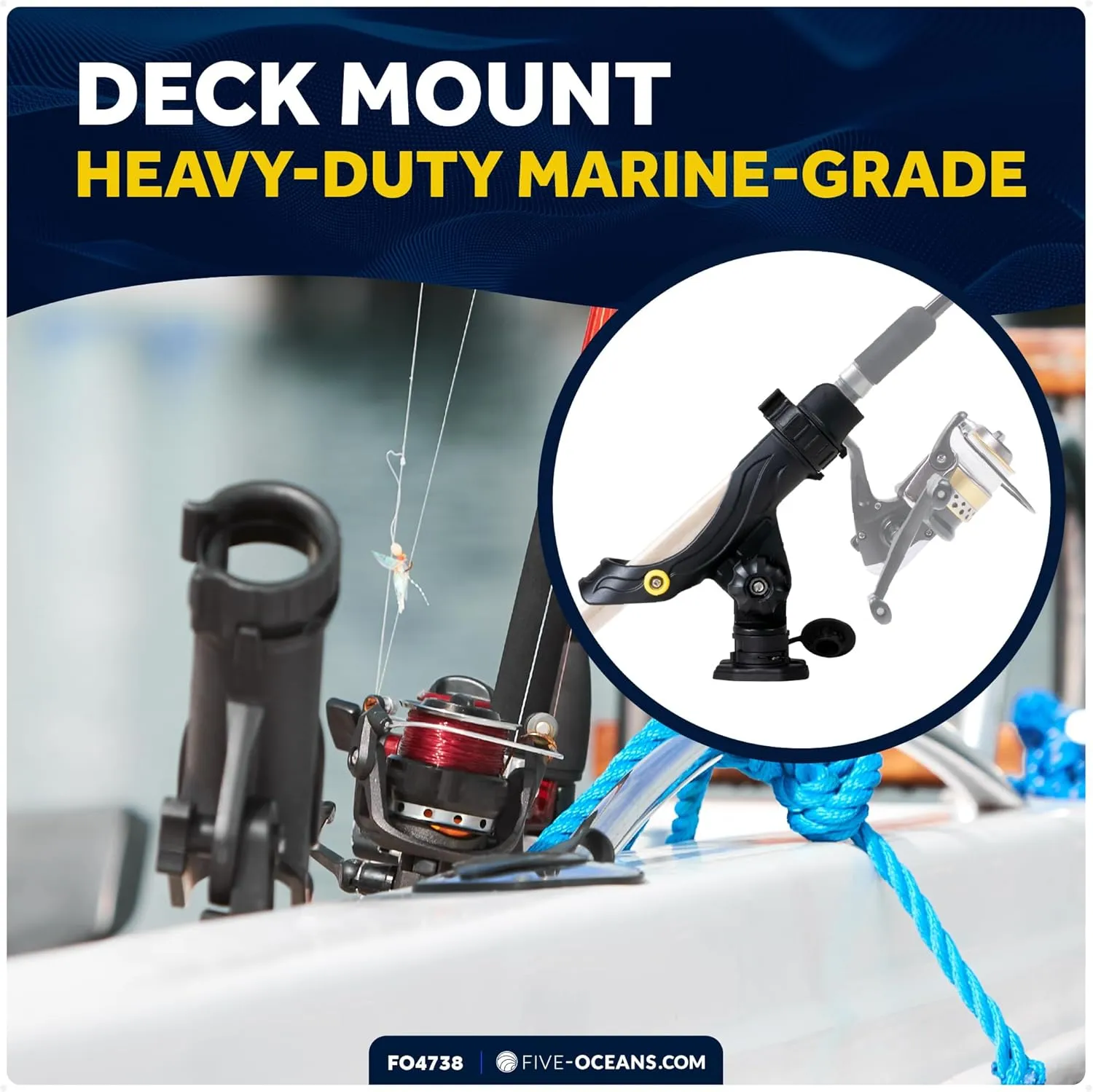 Five Oceans Fishing Rod Holder, with Deck Mount Base, Black, High-Impact Nylon, Multiple Sizes