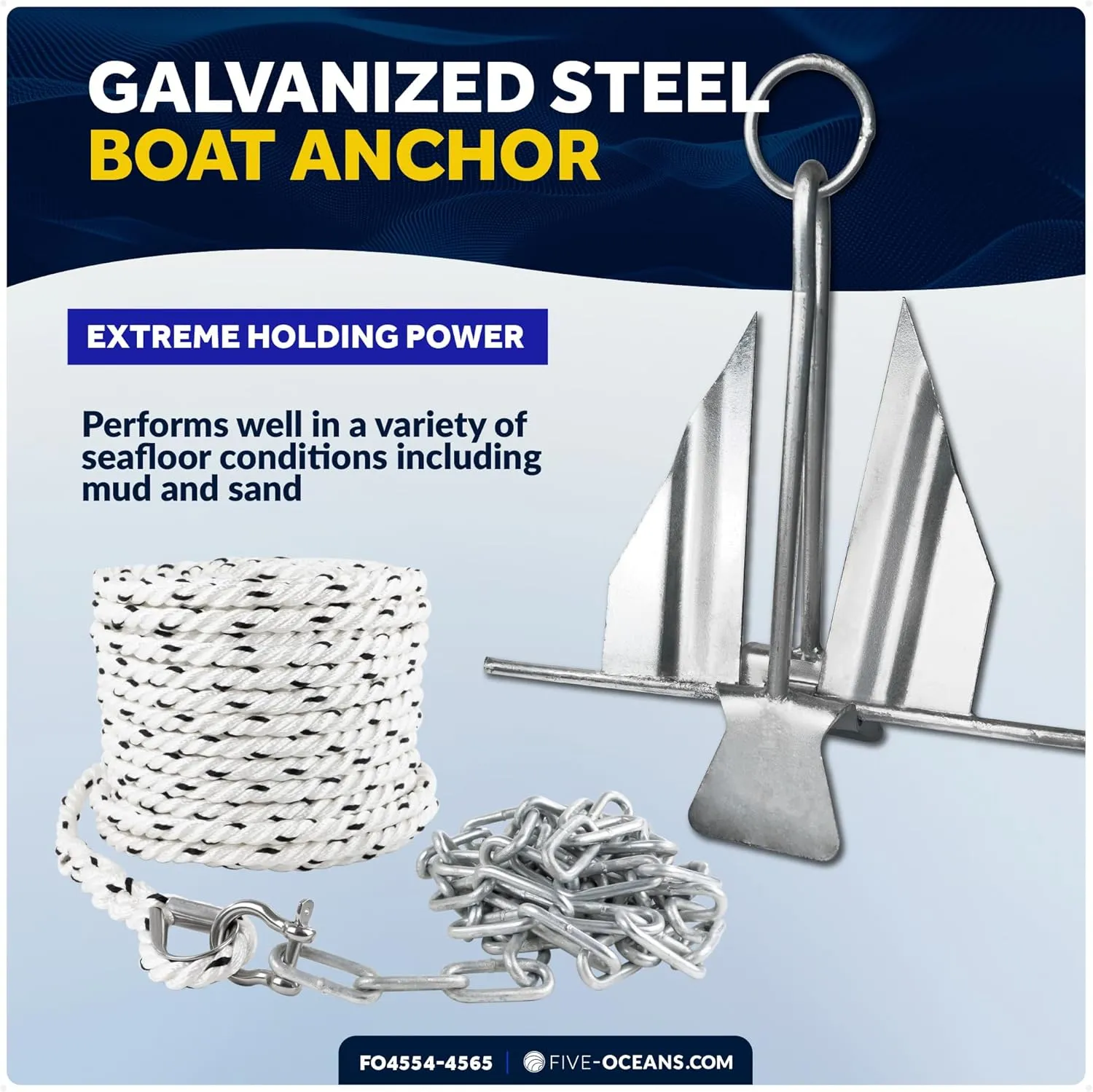 Five Oceans Fluke Boat Anchor, Galvanized Steel, Slip Ring, Heavy-Duty Boat Anchors for Kayak, Dinghy, Paddleboard, Canoe, Personal Watercraft - Multiple Sizes