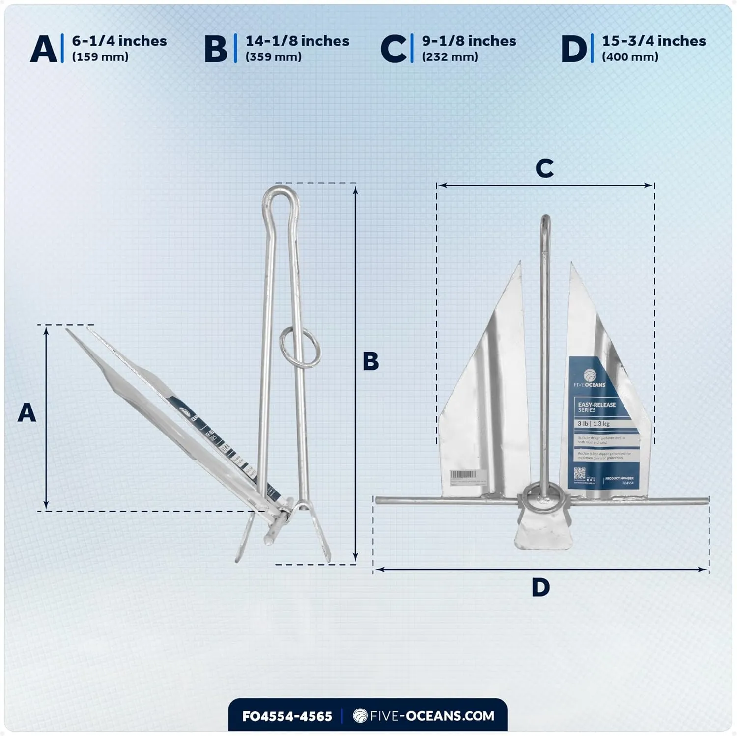 Five Oceans Fluke Boat Anchor, Galvanized Steel, Slip Ring, Heavy-Duty Boat Anchors for Kayak, Dinghy, Paddleboard, Canoe, Personal Watercraft - Multiple Sizes