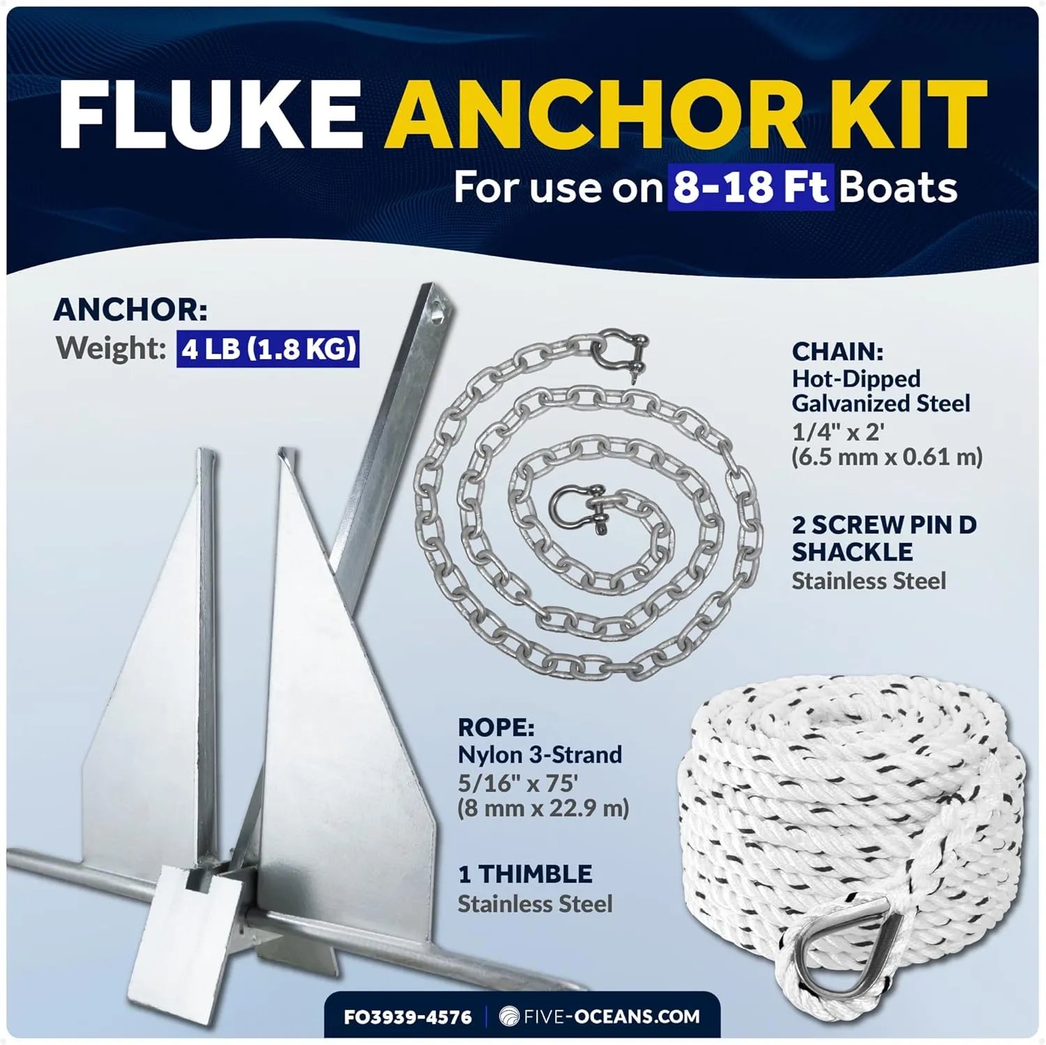 Five Oceans Fluke Boat Anchor, Heavy Duty Hot Dipped Galvanized Steel, Multiple Sizes – Ideal for Pontoon, Dinghies, Boats
