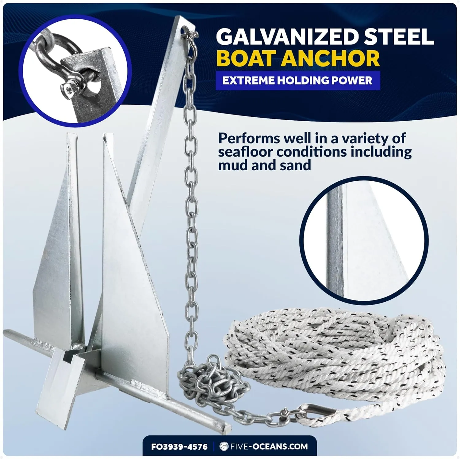 Five Oceans Fluke Boat Anchor, Heavy Duty Hot Dipped Galvanized Steel, Multiple Sizes – Ideal for Pontoon, Dinghies, Boats