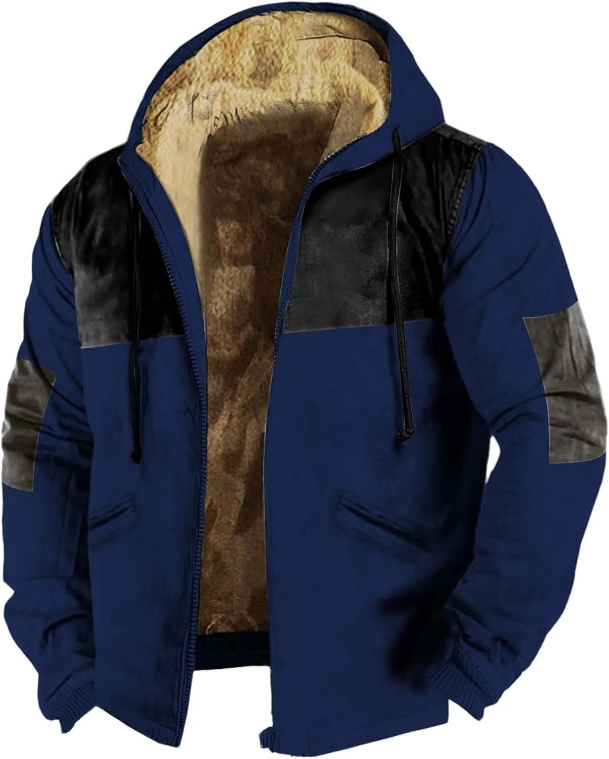 Flannel Jackets for Men Sherpa Fleece Lined Winter Warm Heavyweight Hoodie Full Zip Up Color Block Jacket with Pocket