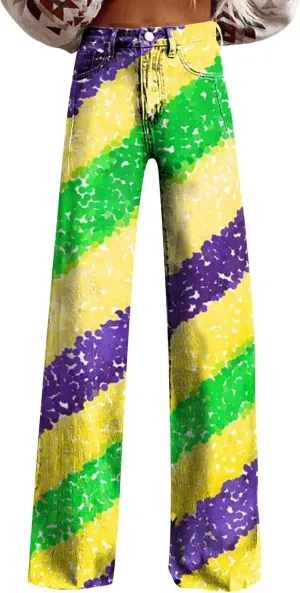Flare Jeans for Women 2025 Wide Leg Baggy Pant Vintage Floral Print High Waisted Straight Stretch Pants with Pockets