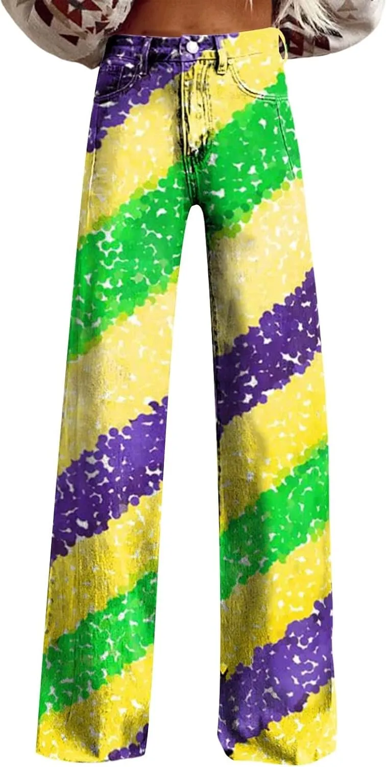 Flare Jeans for Women 2025 Wide Leg Baggy Pant Vintage Floral Print High Waisted Straight Stretch Pants with Pockets