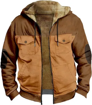 Fleece Jacket Men Workout Vintage Fuzzy Sherpa Lined Jacket Casual Zipper Winter Warm Jacket Coats with Cargo Pockets
