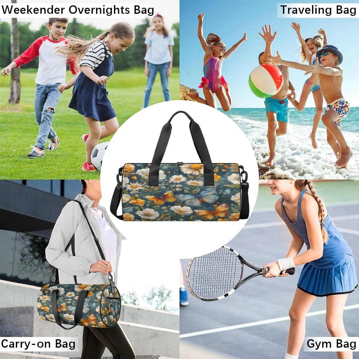 Flower Butterfly Scene Sports Duffel Bag with Shoulder Strap, Large Capacity Gym Bag with Shoe Compartment, Water Resistant Travel Duffle Bag for Men Women Travel, Sports (17.6x9x9 Inch)