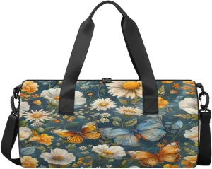 Flower Butterfly Scene Sports Duffel Bag with Shoulder Strap, Large Capacity Gym Bag with Shoe Compartment, Water Resistant Travel Duffle Bag for Men Women Travel, Sports (17.6x9x9 Inch)