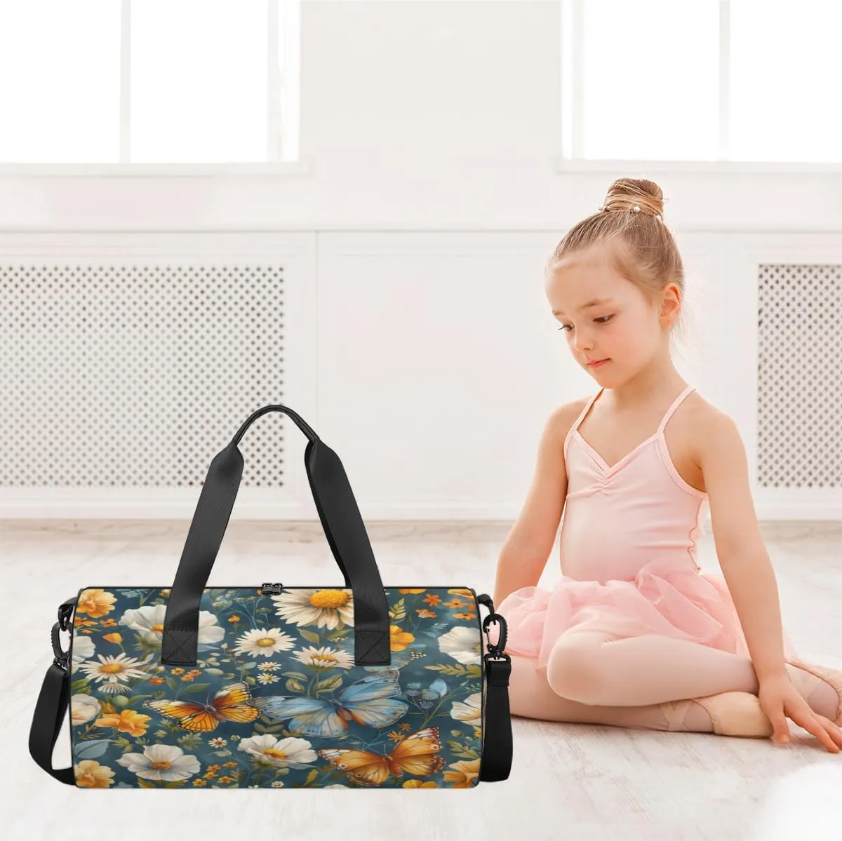 Flower Butterfly Scene Sports Duffel Bag with Shoulder Strap, Large Capacity Gym Bag with Shoe Compartment, Water Resistant Travel Duffle Bag for Men Women Travel, Sports (17.6x9x9 Inch)